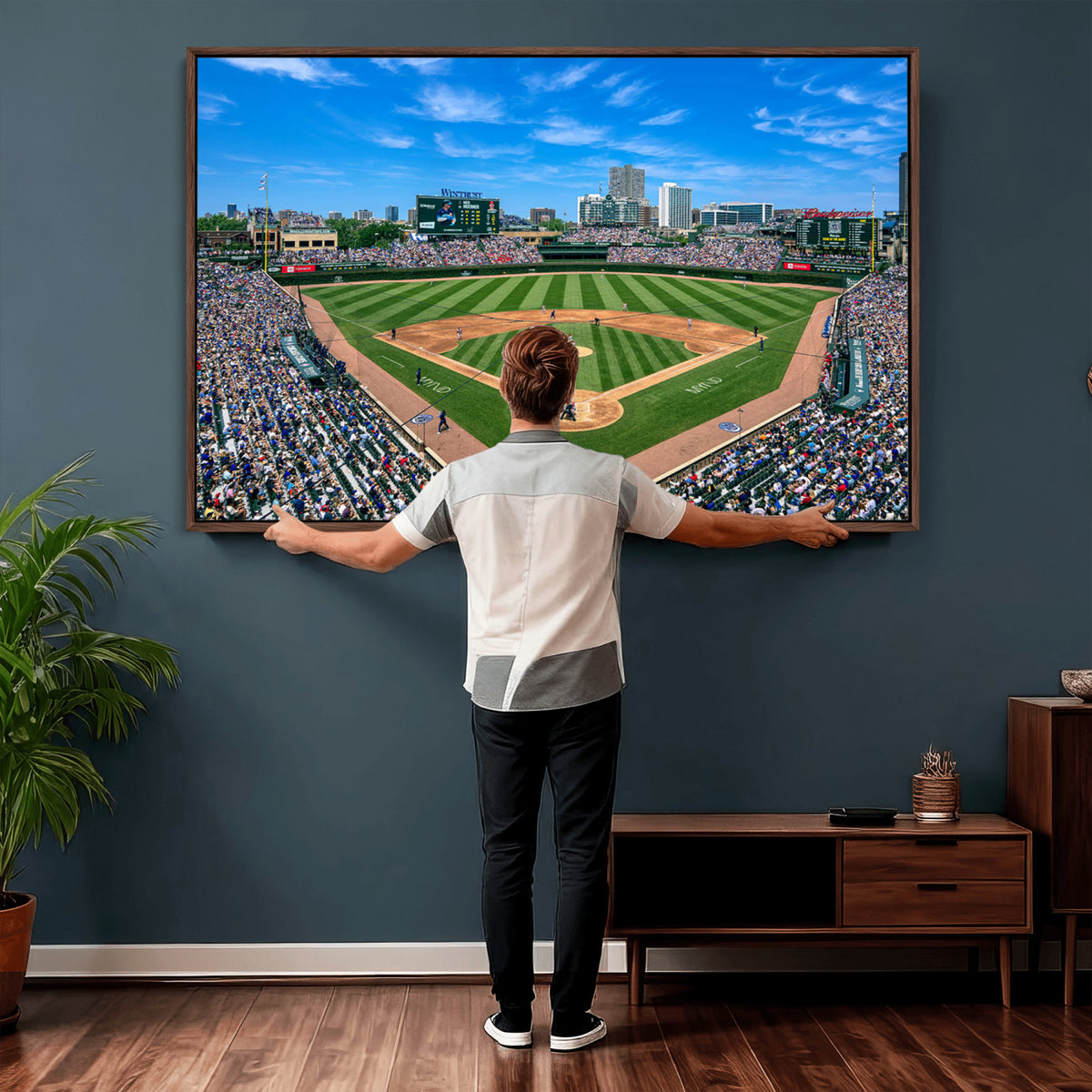 35800083-MGV-CV-36X24 - Wrigley Field Baseball Stadium Canvas Wall Art, Packed Crowd and Chicago Skyline