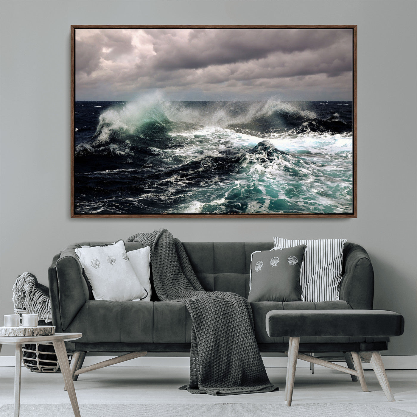 Powerful ocean waves crashing under stormy skies, creating a dynamic and intense seascape.