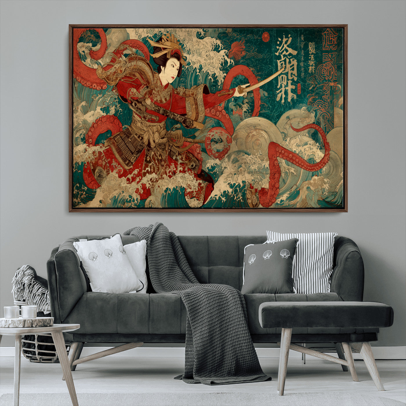 MGV-FC-36X24 - Tsukioka Yoshitoshi Samurai Wall Art Print, Japanese Katana Warrior Canvas Wall Art, Octopus Sea Monster Canvas Print,