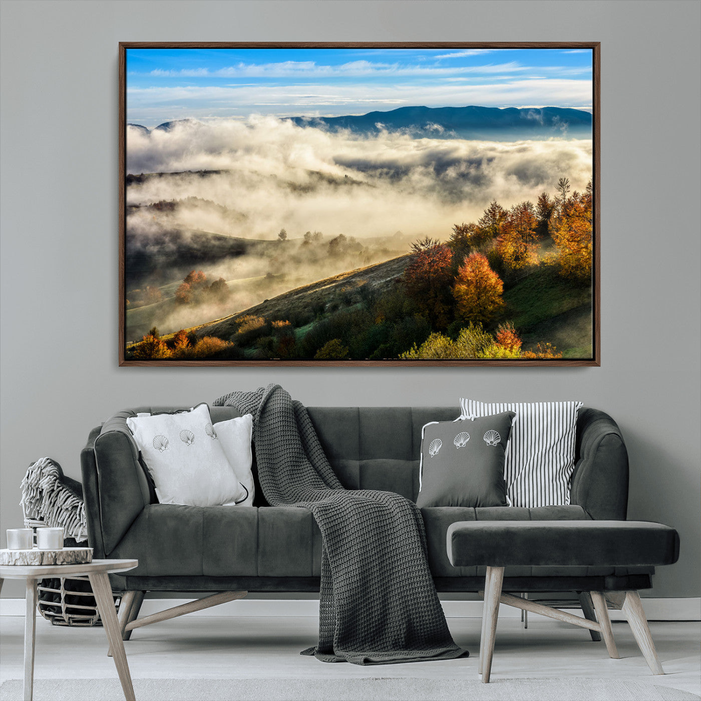 21551192-MGV-CV-36X24-Misty Autumn Hills Canvas Wall Art, Foggy Forest Landscape, Fall Foliage Beauty, Serene Mountain View, Cozy Home Decor, Office Tranquility, Nature Calm Print