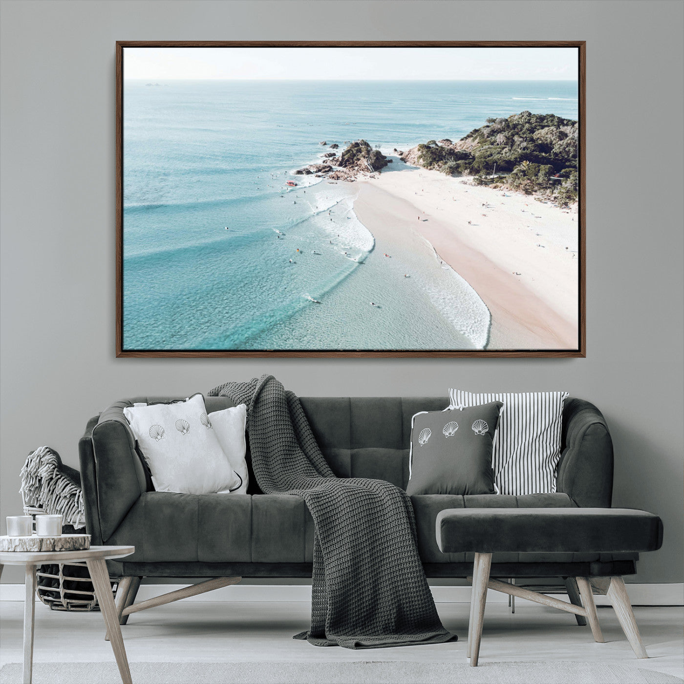 79395467-MGV-CV-36X24-Aerial Beach Canvas Wall Art Print, Coastal Ocean Waves and Surfers, Large Scenic Seaside Canvas for Home or Office 1 Panel Wrapped Canvas