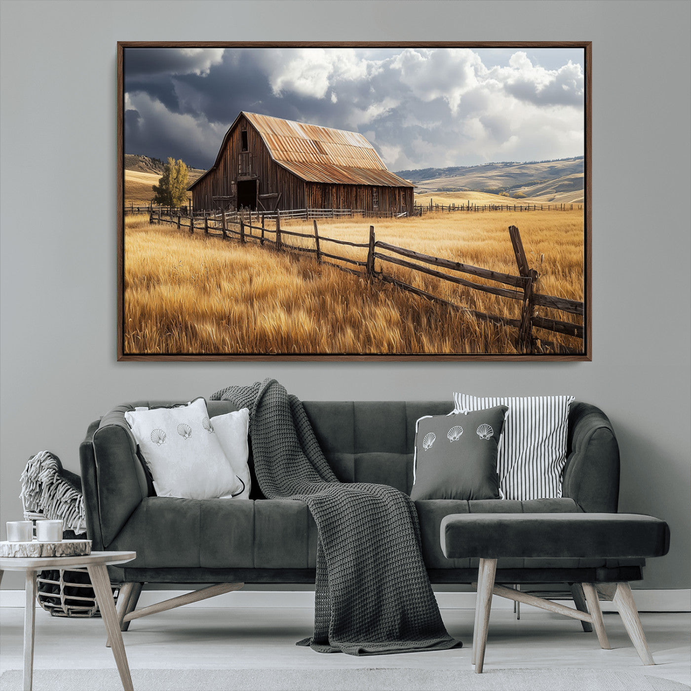 "Rustic barn surrounded by golden fields, a wooden fence, and dramatic storm clouds in the sky, capturing a serene countryside landscape."