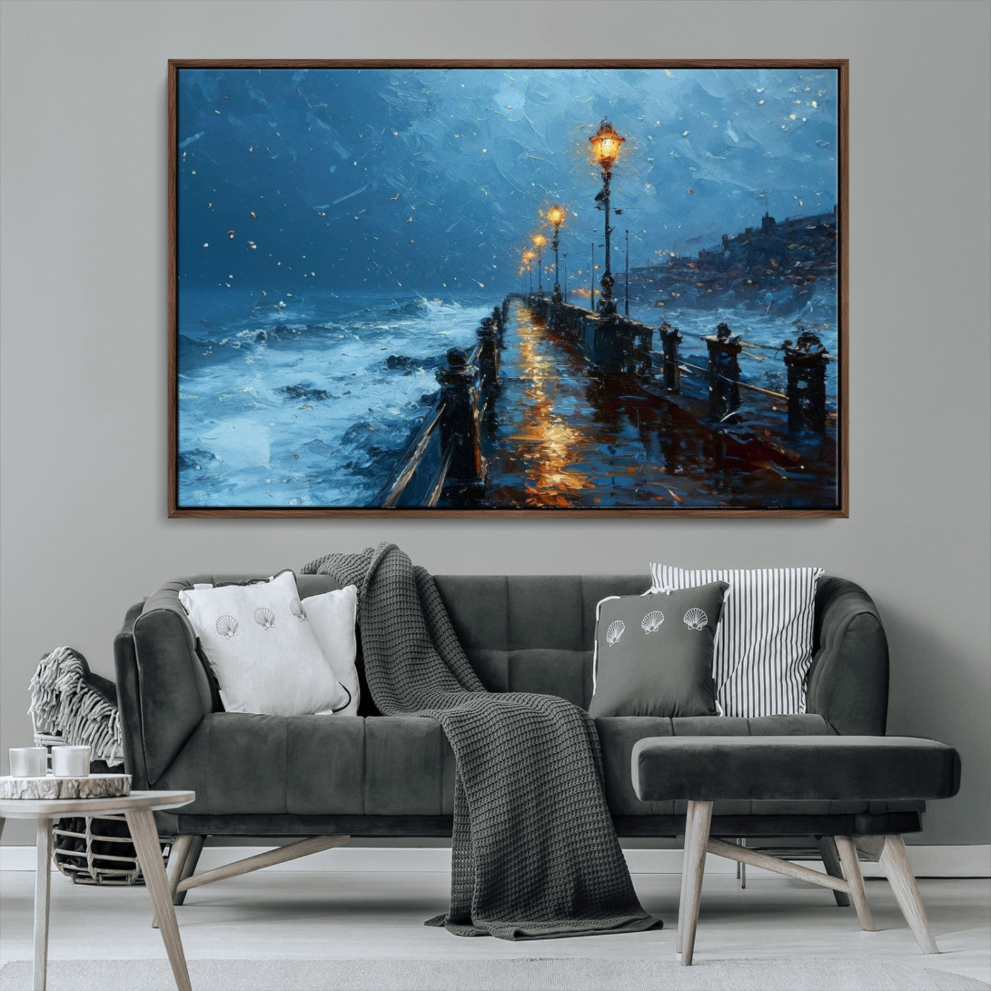 "Impressionistic painting of a stormy pier with street lamps glowing, waves crashing, and a misty ocean under a blue sky."