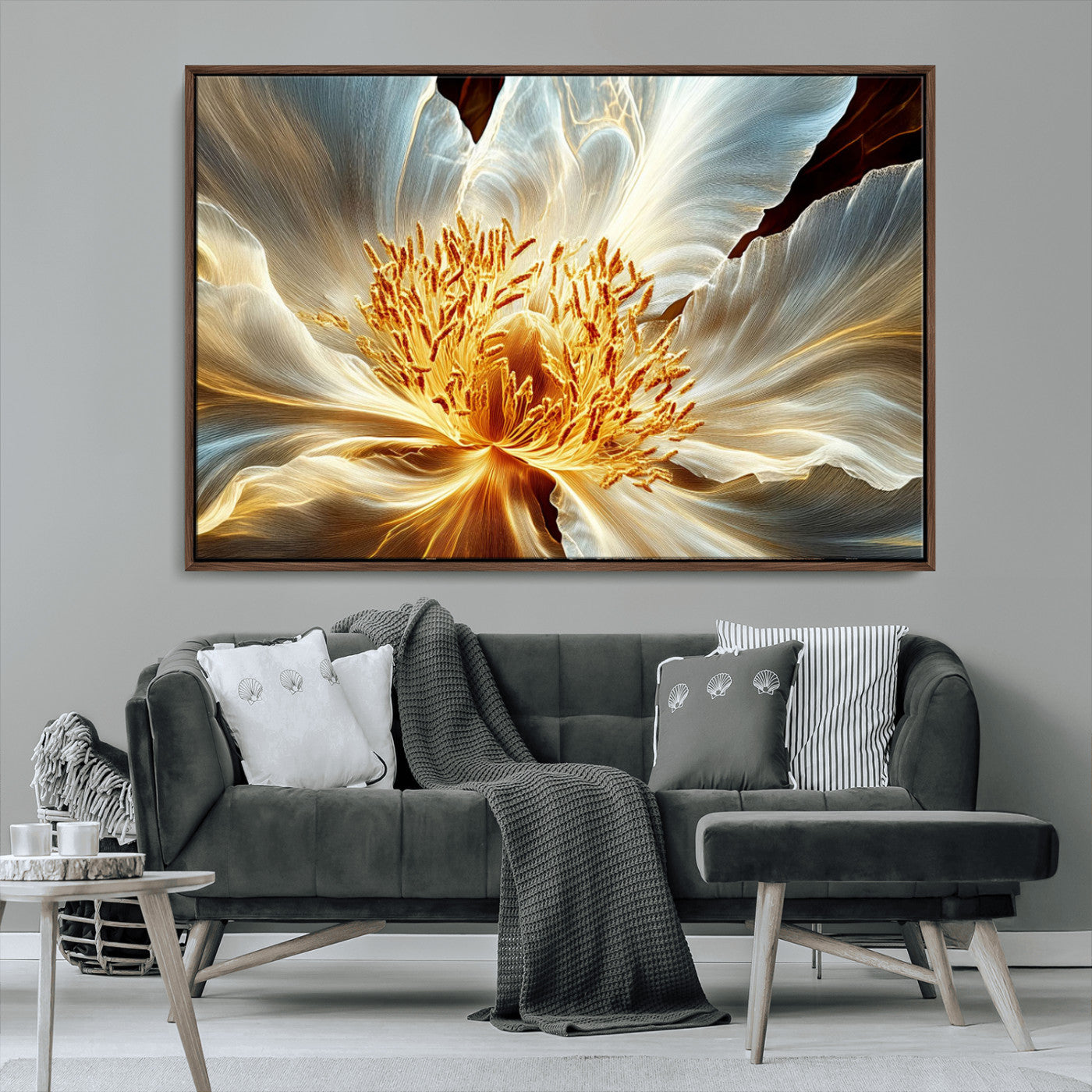 "Close-up of a glowing, abstract flower with delicate white petals and vibrant golden-yellow stamen against a dark background."