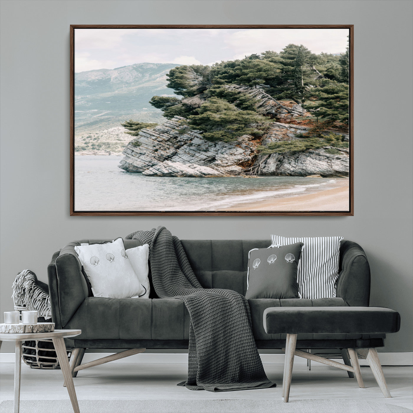 MGV-FC-36X24 - Coastal Rock Canvas Wall Art Print, Scenic Beach Landscape, Pine Trees on Rocky Cliff, Large Nature