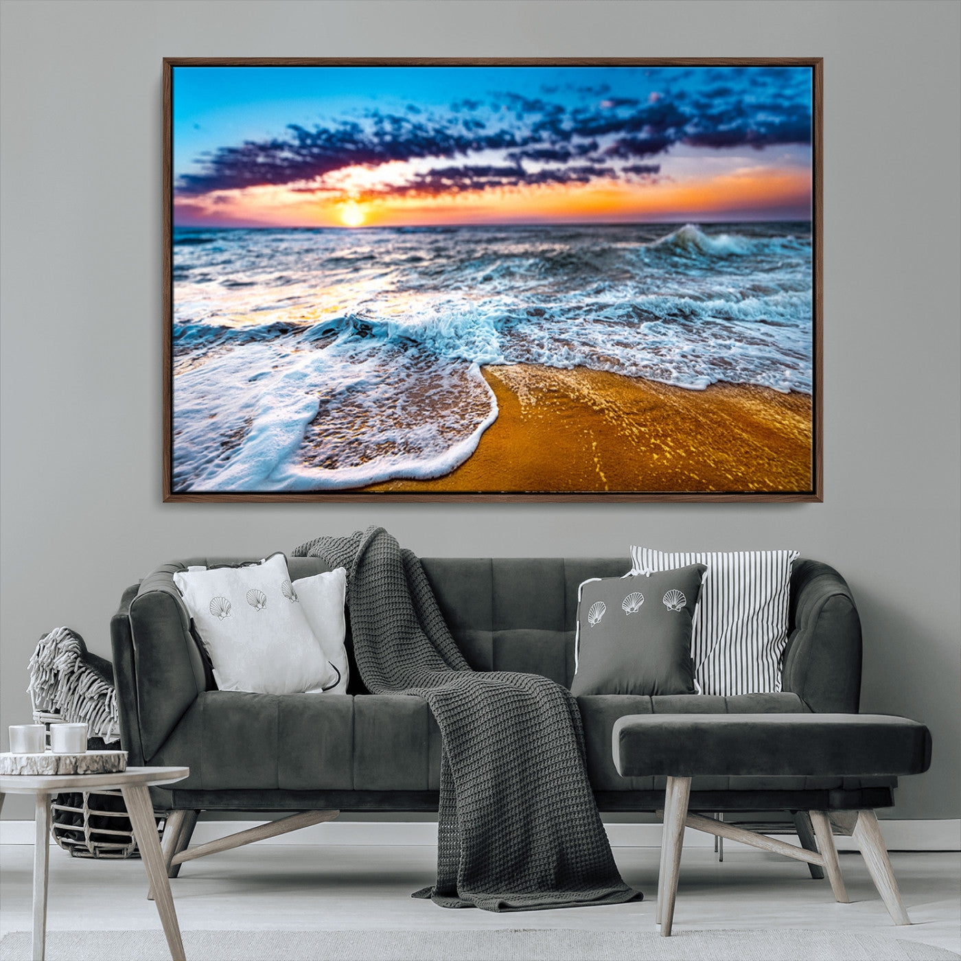 Beautiful ocean shoreline at sunset with foamy waves washing onto golden sand under a colorful sky – Wall Art Canvas Print.