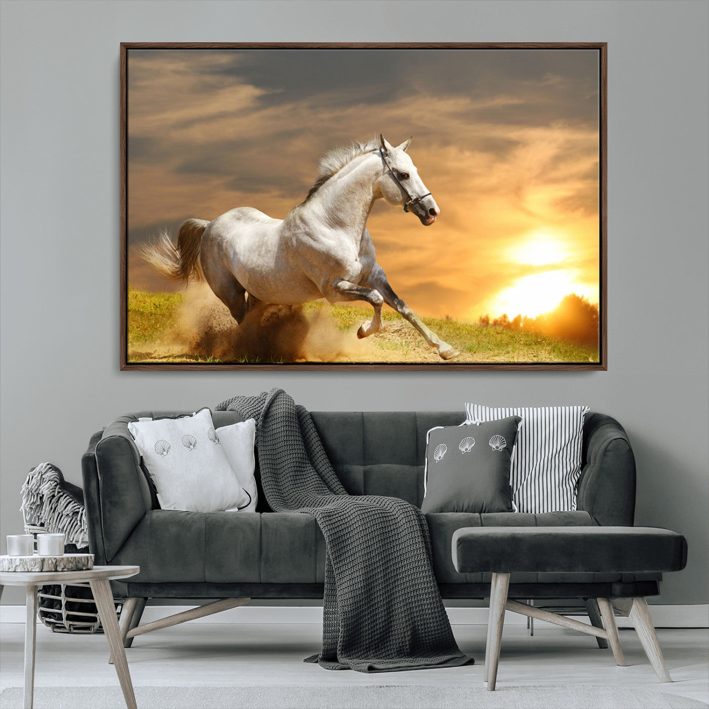 Powerful white horse galloping on a dusty field at sunset with a dramatic sky – Wall Art Canvas Print.