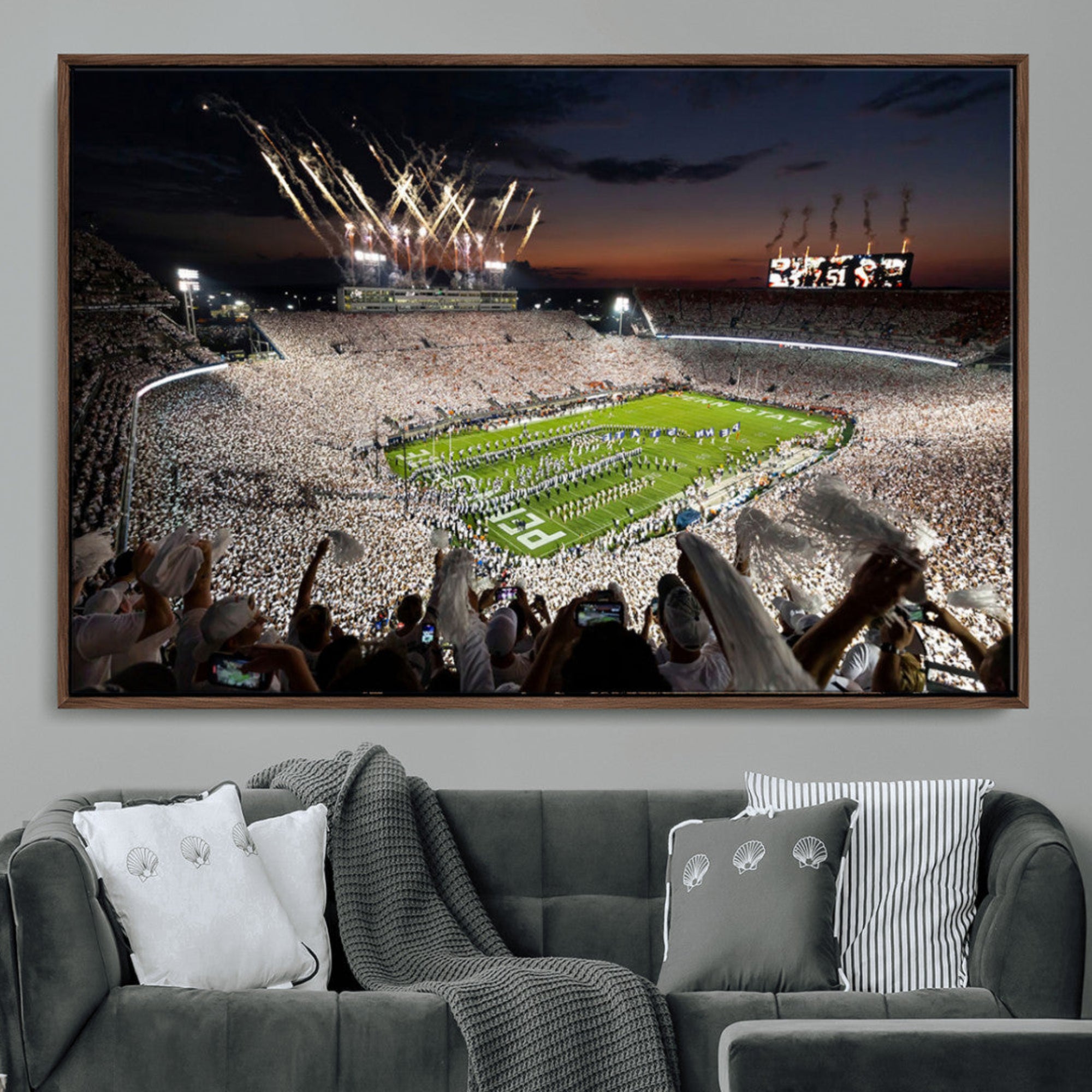 11221988-MGV-CV-36X24-Epic Night Football Stadium Wall Art Canvas Print, Fireworks and Crowd Energy Game Day Excitement Decor for Home, Office