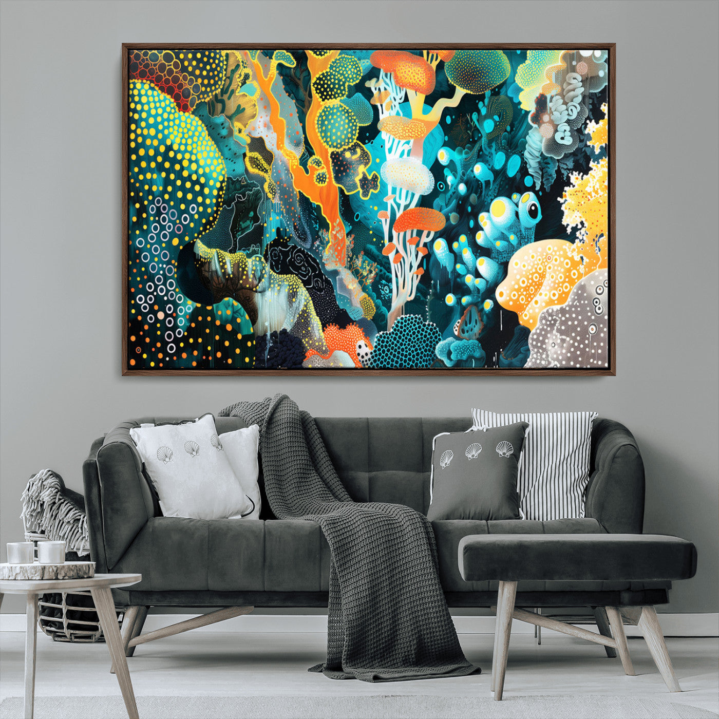 Colorful abstract coral reef scene featuring vibrant underwater plants, marine patterns, and fluid organic shapes – Wall Art Canvas Print.