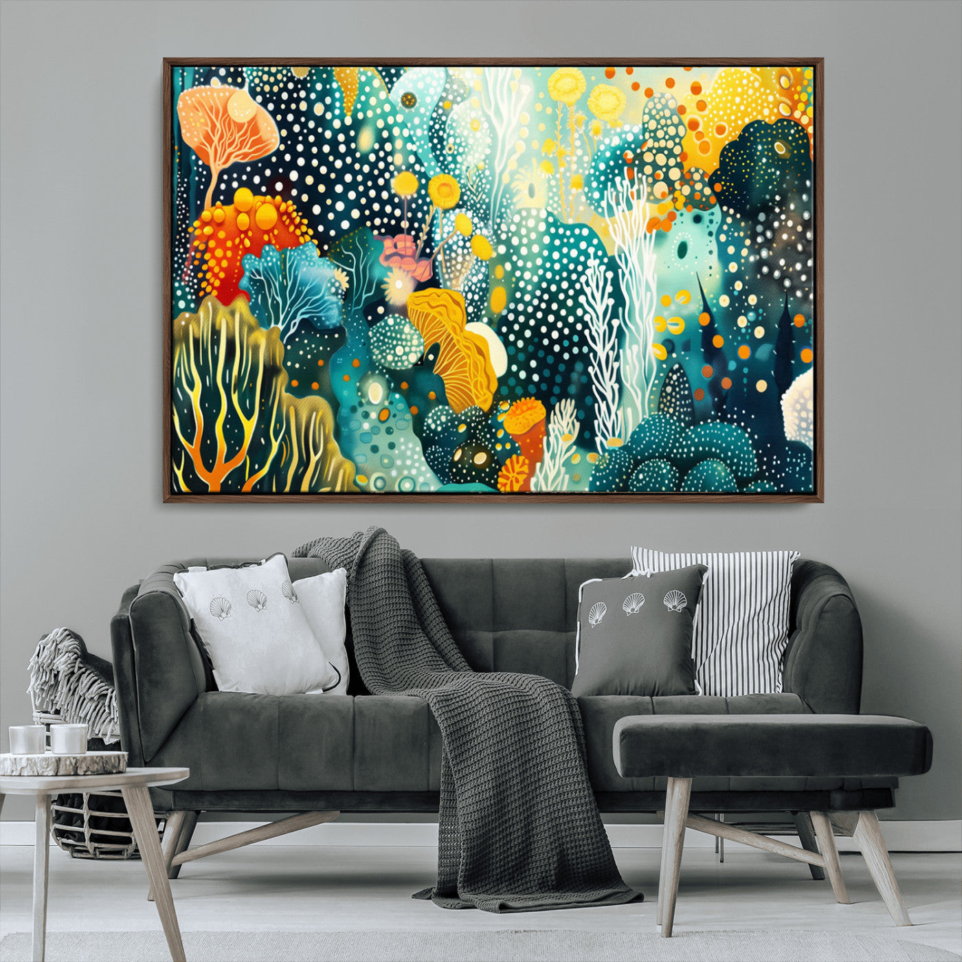 Abstract underwater coral reef illustration with vibrant colors, dotted textures, and stylized marine flora – Wall Art Canvas Print.