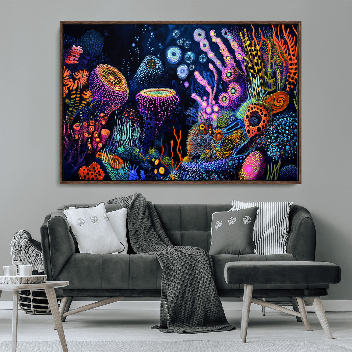 Vibrant and colorful abstract underwater coral reef artwork with diverse shapes and glowing patterns – Wall Art Canvas Print.