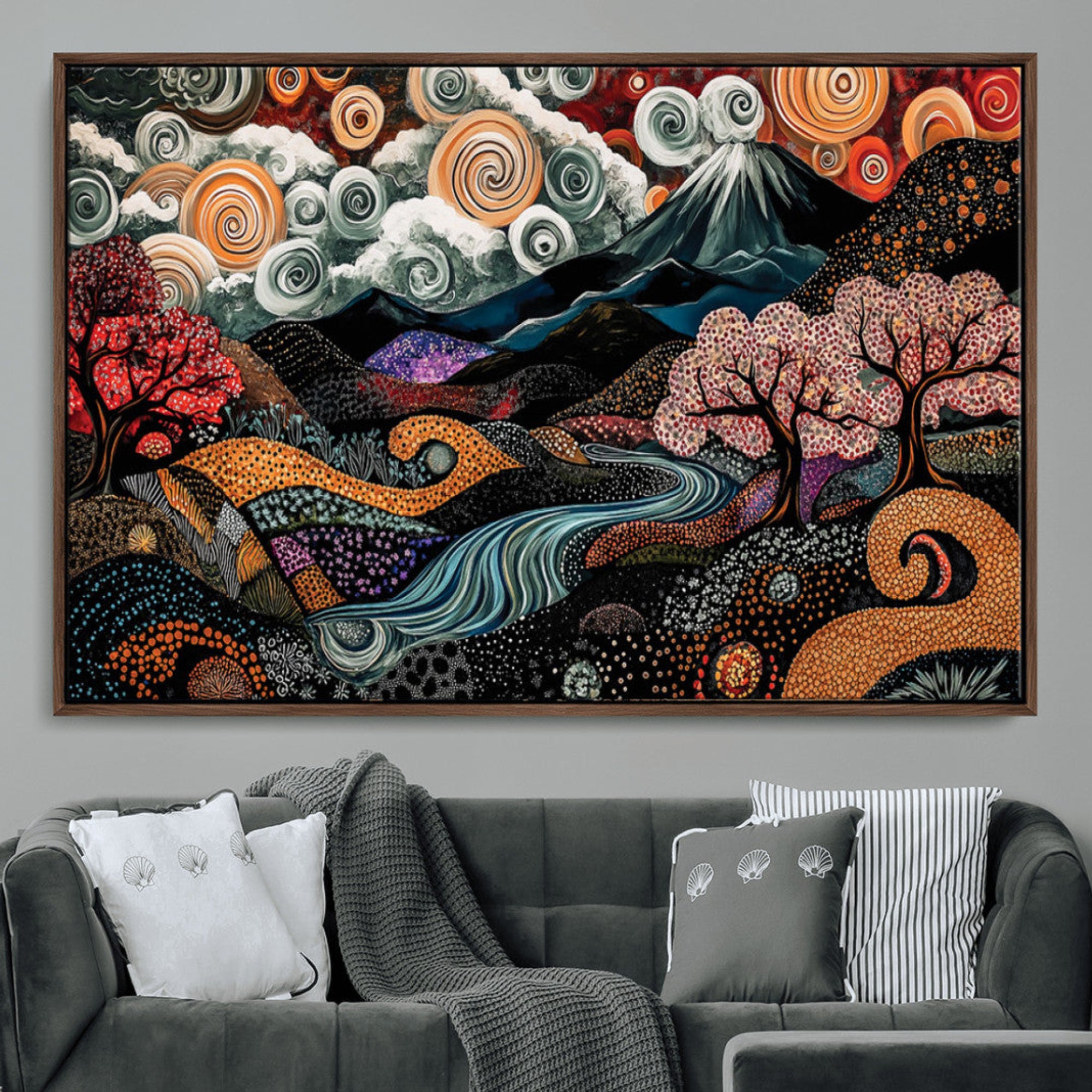Vibrant abstract landscape painting featuring swirling clouds, colorful trees, flowing river, and textured hills under a mountain – Wall Art Canvas Print.