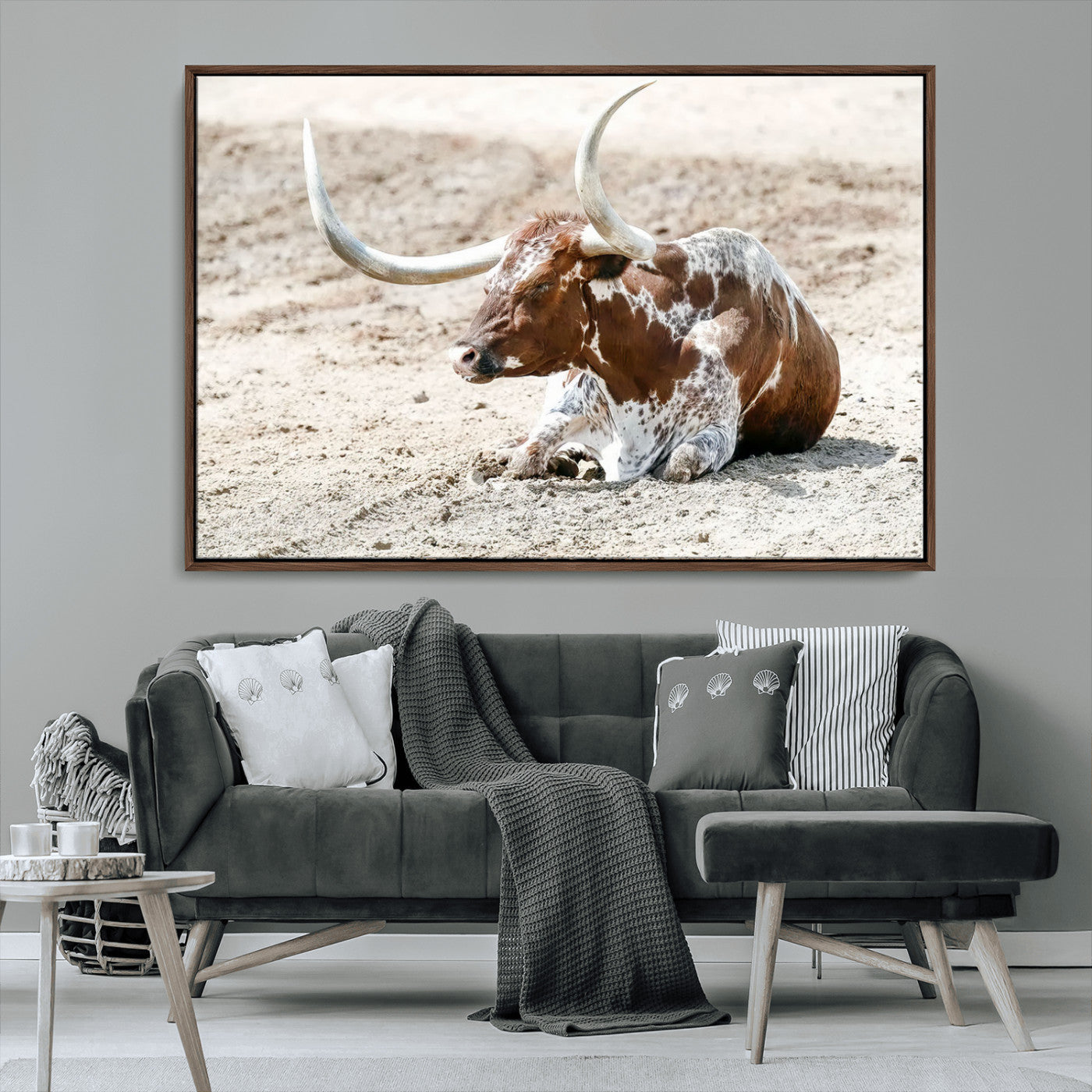 MGV-FC-36X24 - Majestic Longhorn Resting on Sunlit Desert Ground – Striking Western-Themed Wall Art Canvas Print