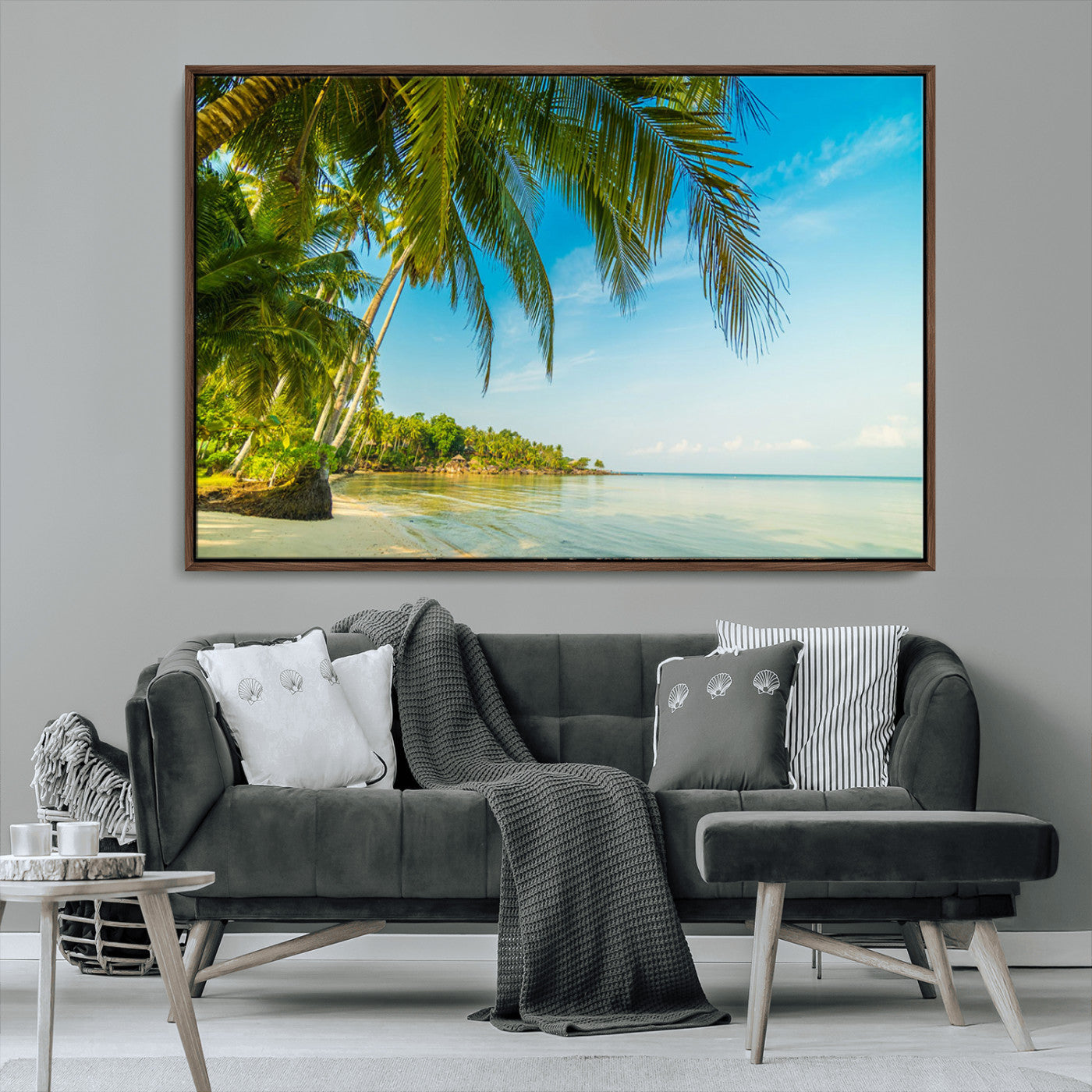 MGV-FC-36X24 - Peaceful Tropical Beach with Palm Trees and Calm Blue Sea – Serene Coastal Wall Art Canvas Print for