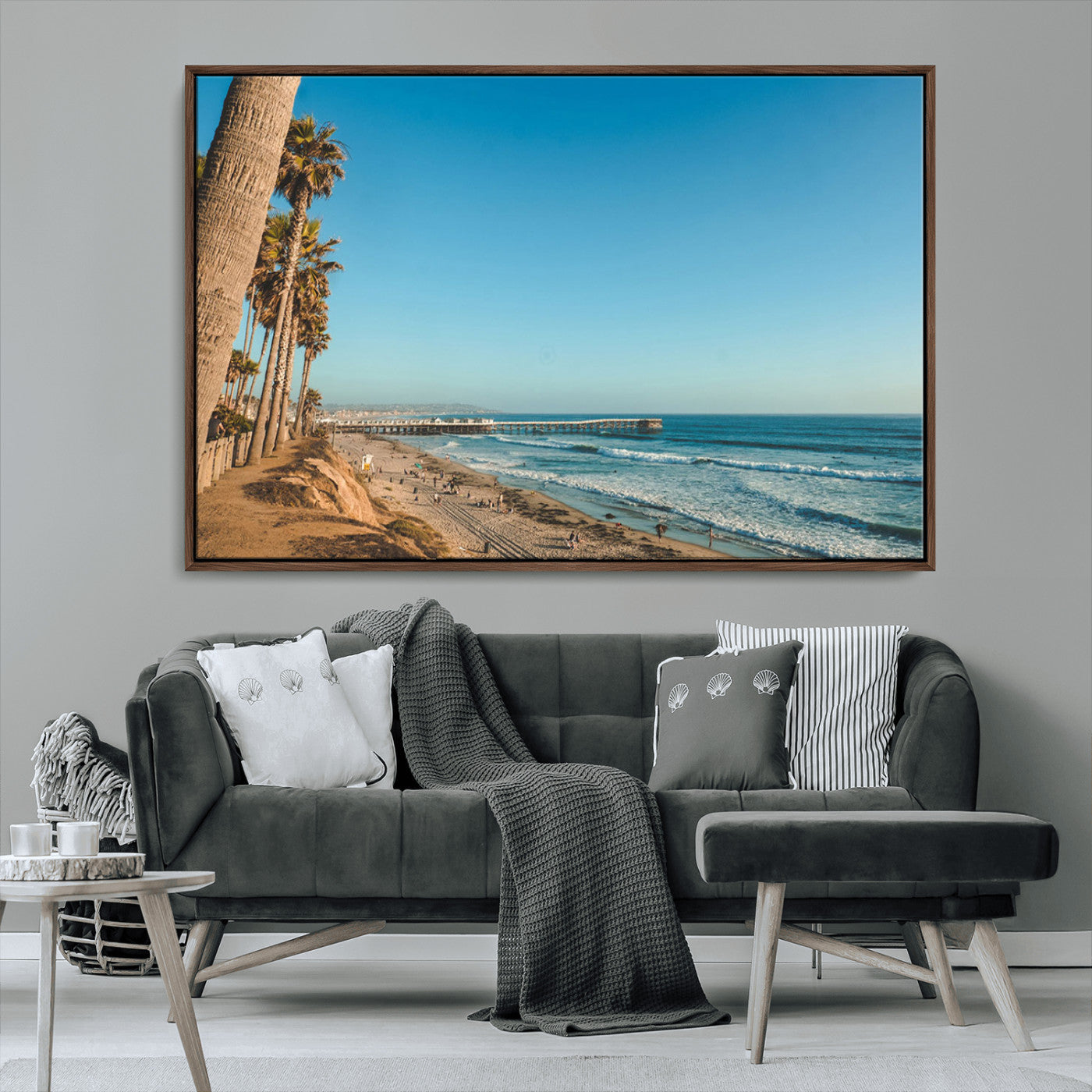 MGV-FC-36X24 - Scenic Beach with Tall Palm Trees, Sandy Shore, and Long Pier Stretching into the Calm Ocean Under