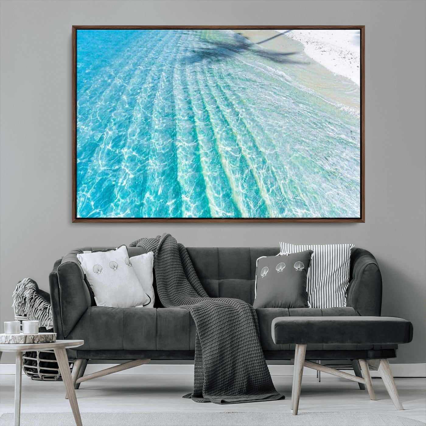 17528159-MGV-CV-36X24-Crystal Clear Shallow Ocean Water with Sunlight Reflections and Palm Tree Shadow on Sandy Beach – Beautiful Wall Art Canvas Print for Coastal Decor