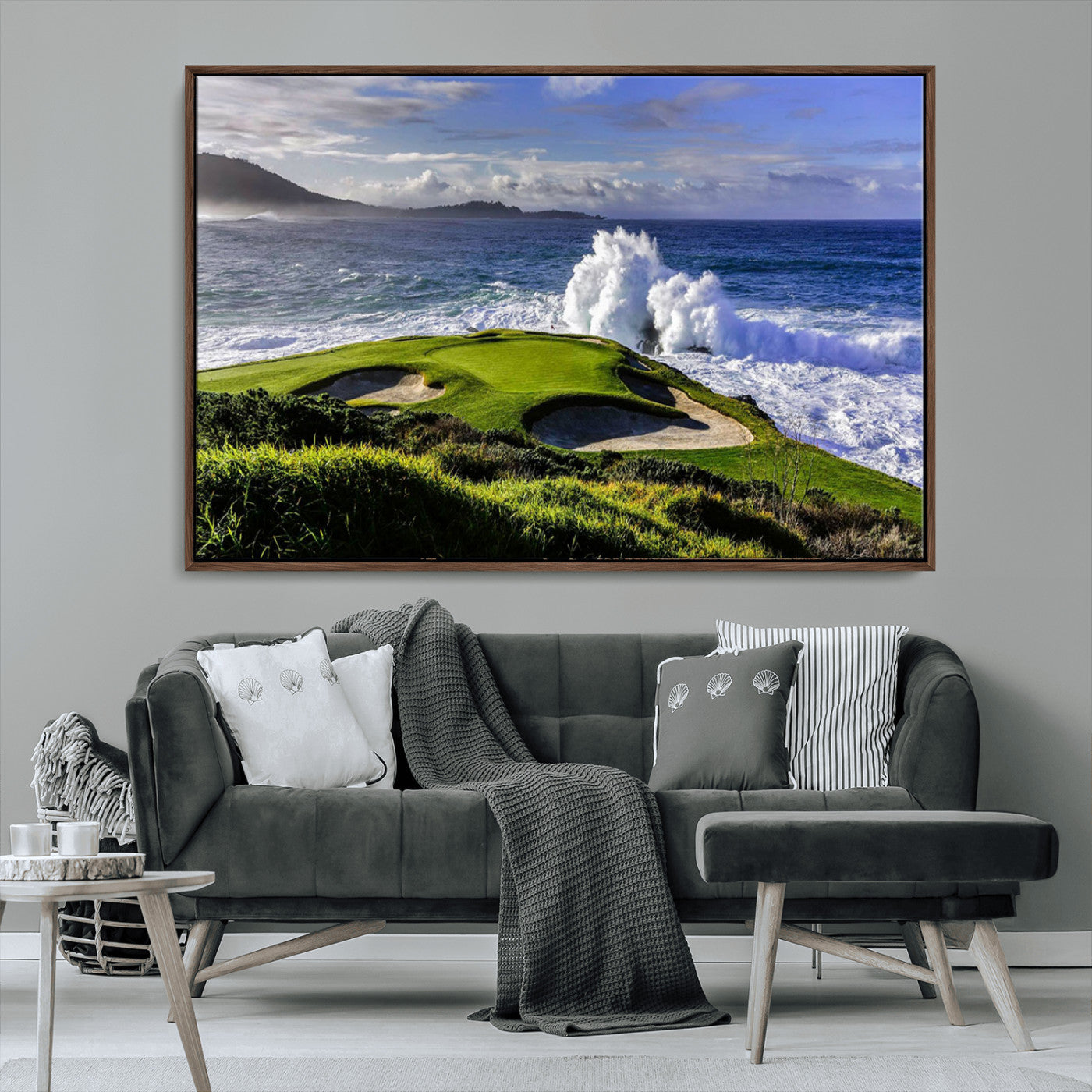 78508908-MGV-CV-36X24-Dramatic Ocean Waves Crashing Against Rocky Coastline Near a Green Golf Course – Stunning Wall Art Canvas Print for Nature and Sports Lovers