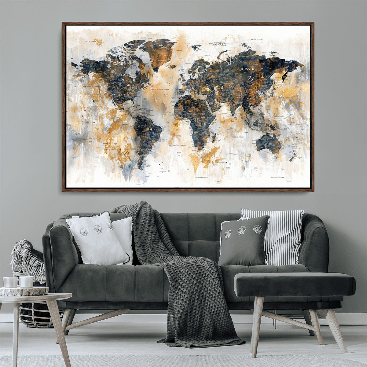 Artistic world map with textured brush strokes in shades of gold, navy blue, and white, showing continents and countries with an abstract, painterly effect.