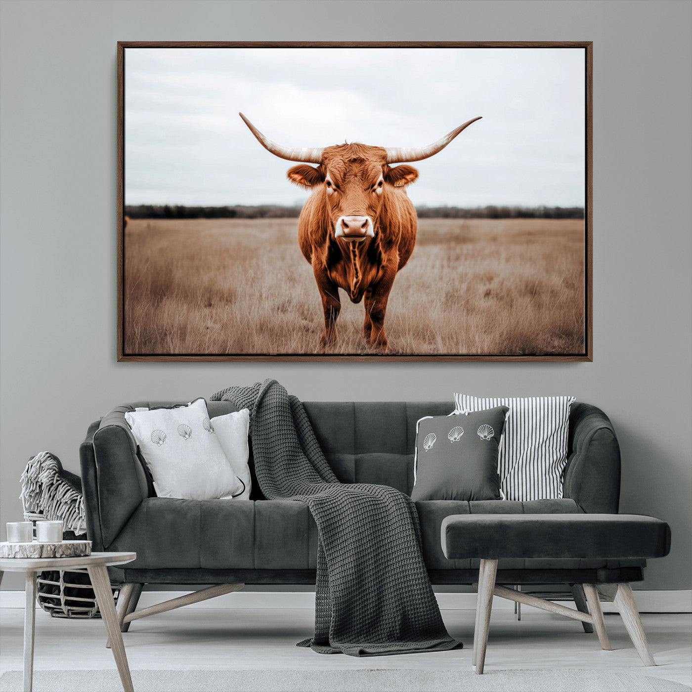 MGV-FC-36X24 - Longhorn bull, open field, rustic charm, natural beauty, Wall Art Canvas Print, countryside,