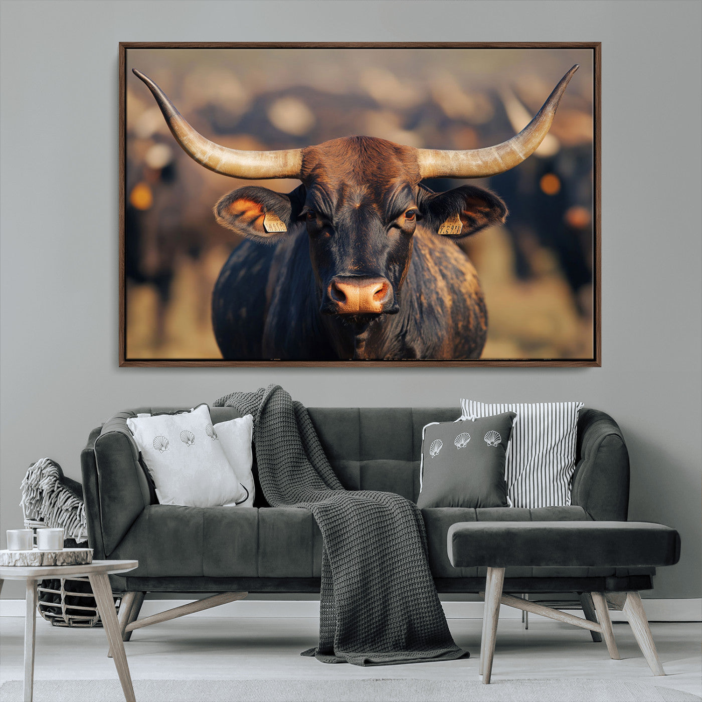 35515971-MGV-CV-36X24-Majestic bull head close-up, long curved horns, detailed fur texture, warm sunlight, focused gaze, Wall Art Canvas Print