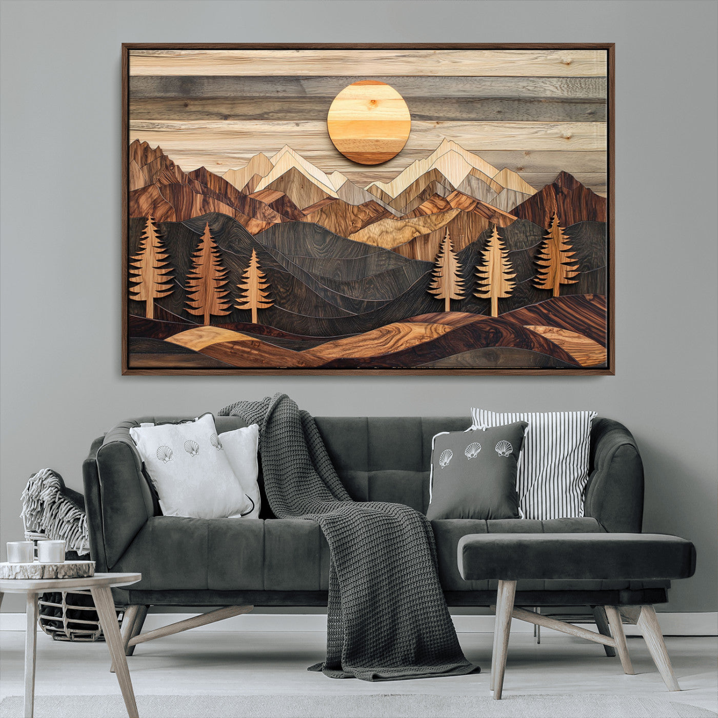 MGV-FC-36X24 - Wooden Mountain Layers Canvas Wall Art – Rustic Pine Tree Landscape with Sunlight Artistic Nature