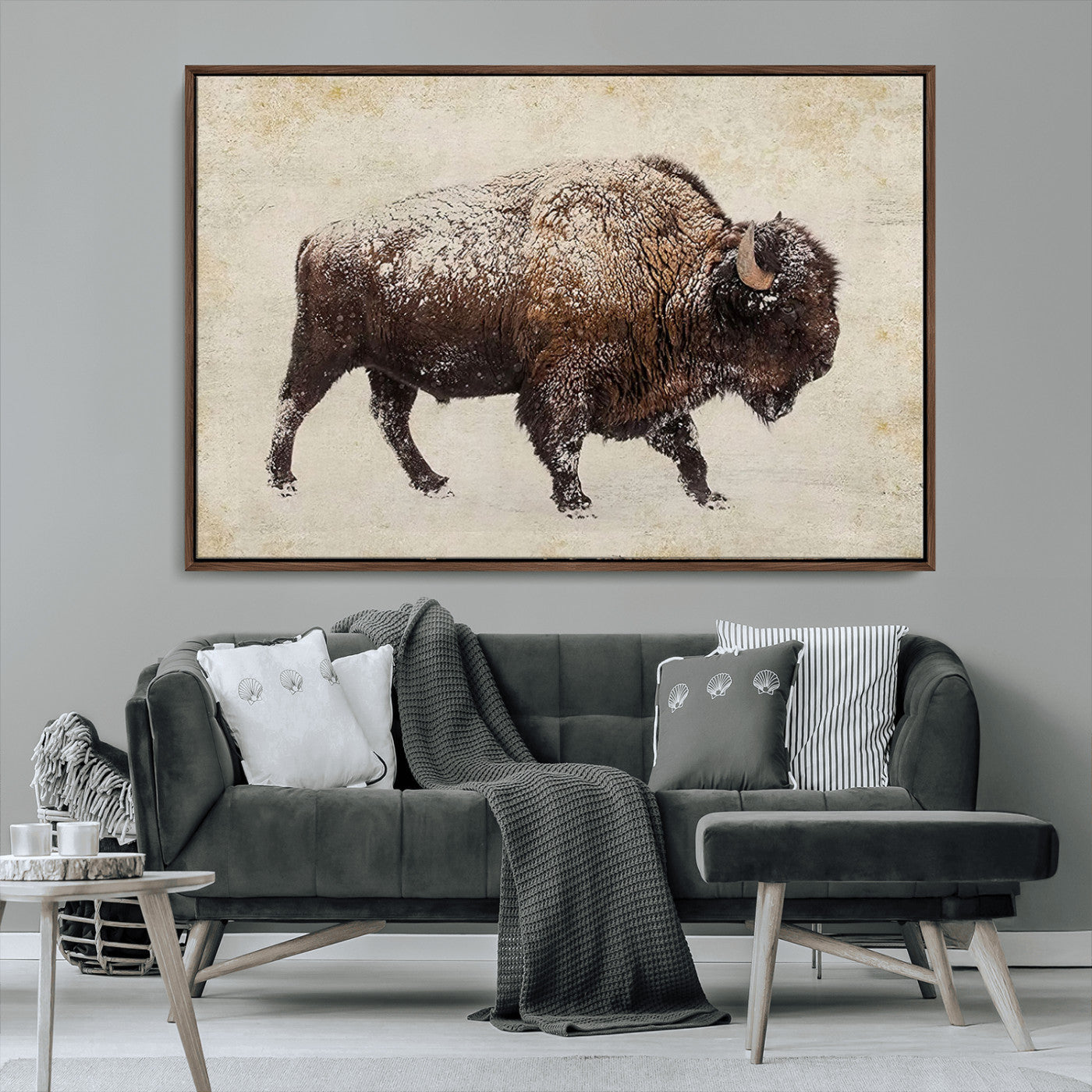54810031-MGV-CV-36X24-Snow-dusted bison silhouette textured vintage style rugged wildlife art with neutral tones perfect for rustic home decor Wall Art Canvas Print design