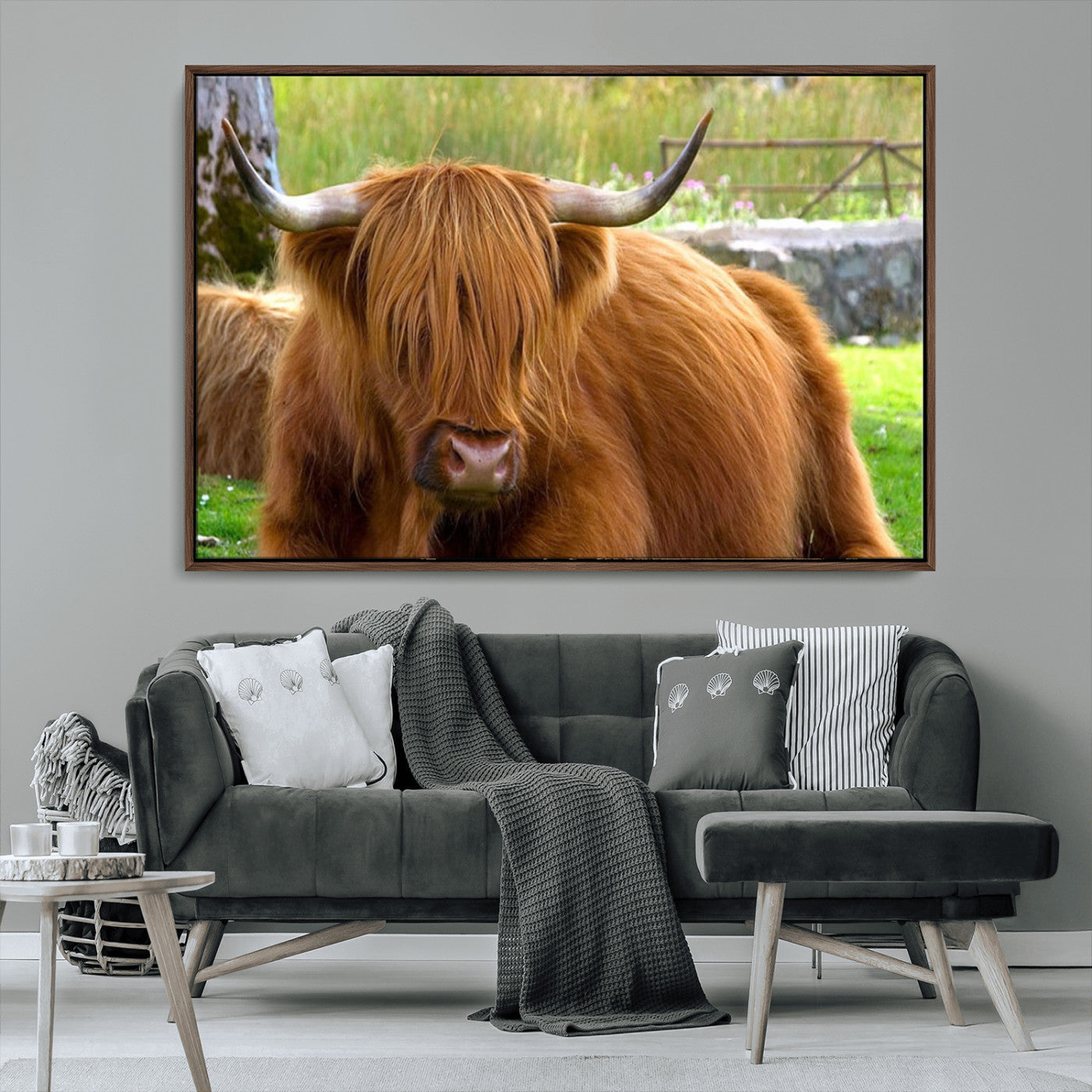 68411138-MGV-CV-36X24-Highland Cow Long Hair Rustic Farm Animal Horns Green Pasture Natural Beauty Outdoor Wall Art Canvas Print