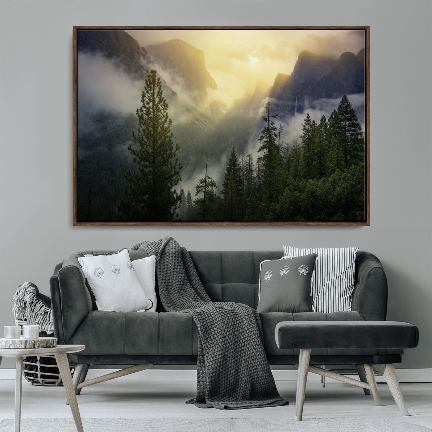38316884-MGV-CV-36X24-Misty Forest Sunrise Mountain Valley Pine Trees Foggy Landscape Nature Scenic Outdoors Calm Tranquil Wall Art Canvas Print