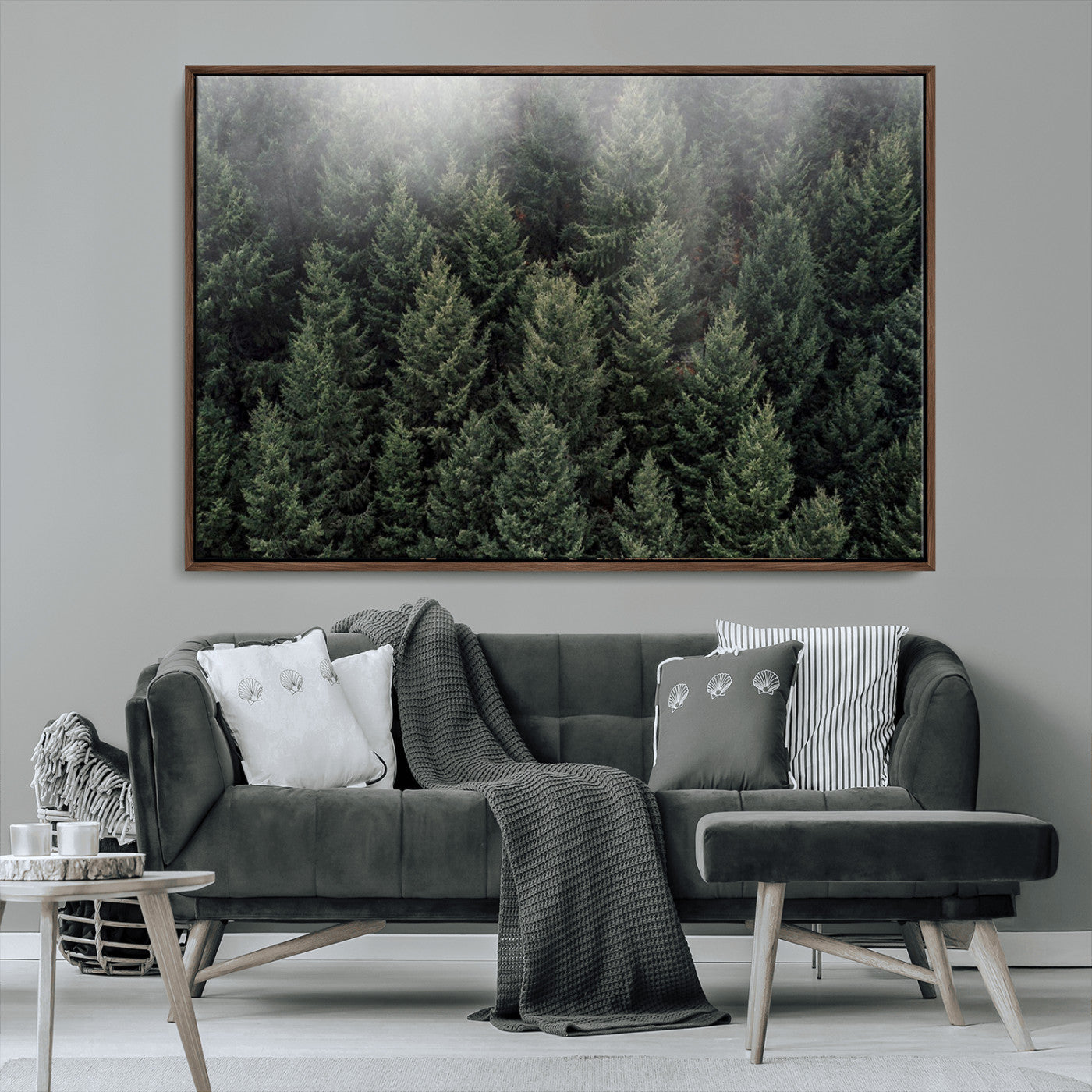 84059409-MGV-CV-36X24-Dense Evergreen Forest Misty Morning Fog Pine Trees Woodland Nature Landscape Calm Peaceful Scenic