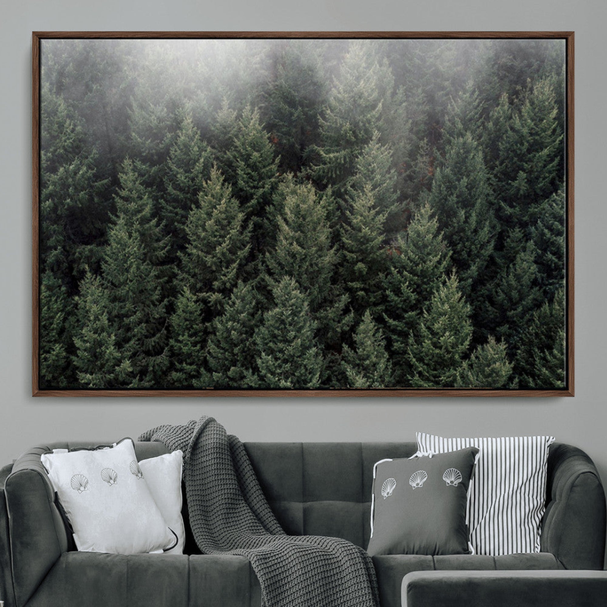 84059409-MGV-CV-36X24-Dense Evergreen Forest Misty Morning Fog Pine Trees Woodland Nature Landscape Calm Peaceful Scenic