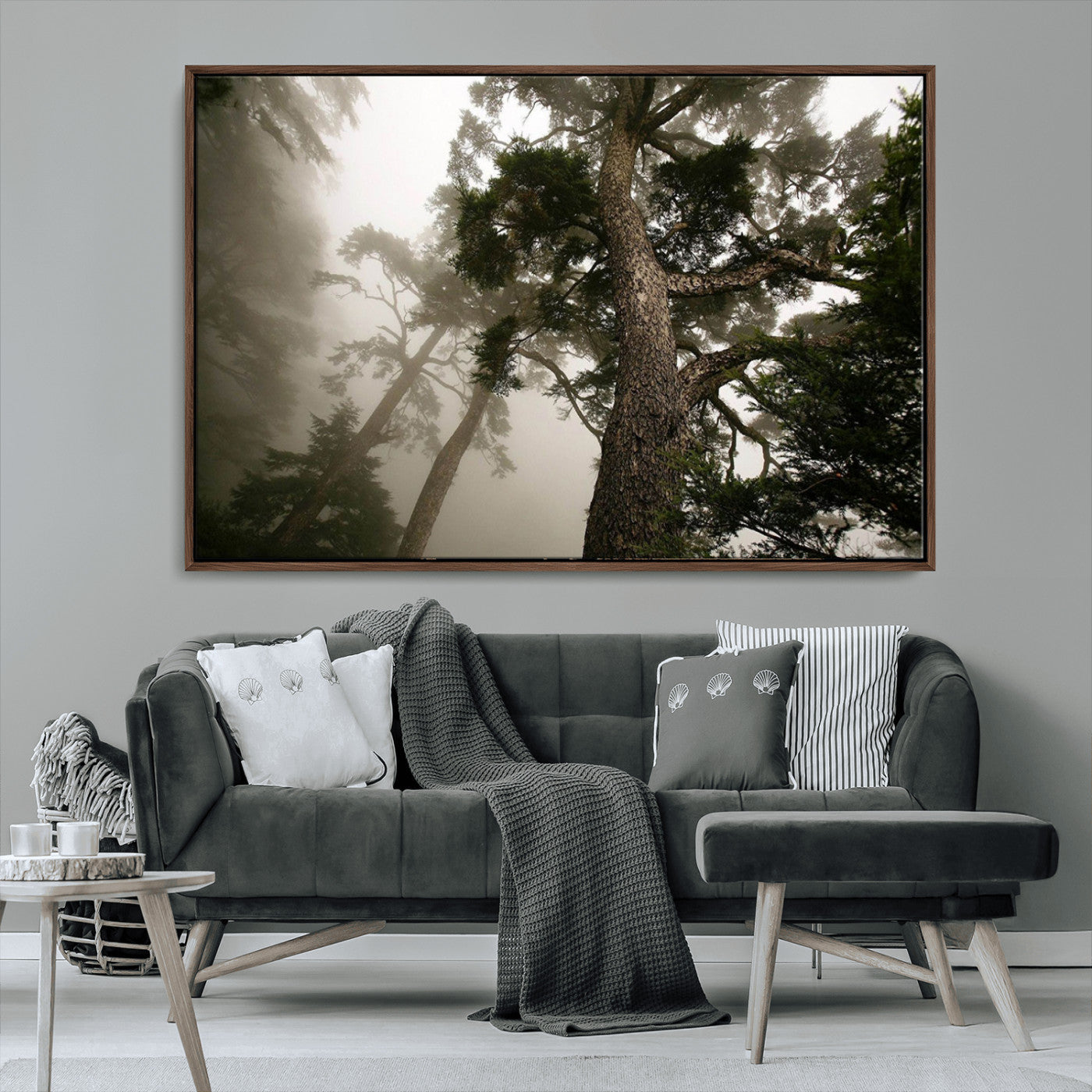 87969493-MGV-CV-36X24-Misty Forest Tall Trees Foggy Atmosphere Nature Serenity Calm Wooded Landscape Tranquil Scene Outdoor Beauty Wall Art Canvas Print