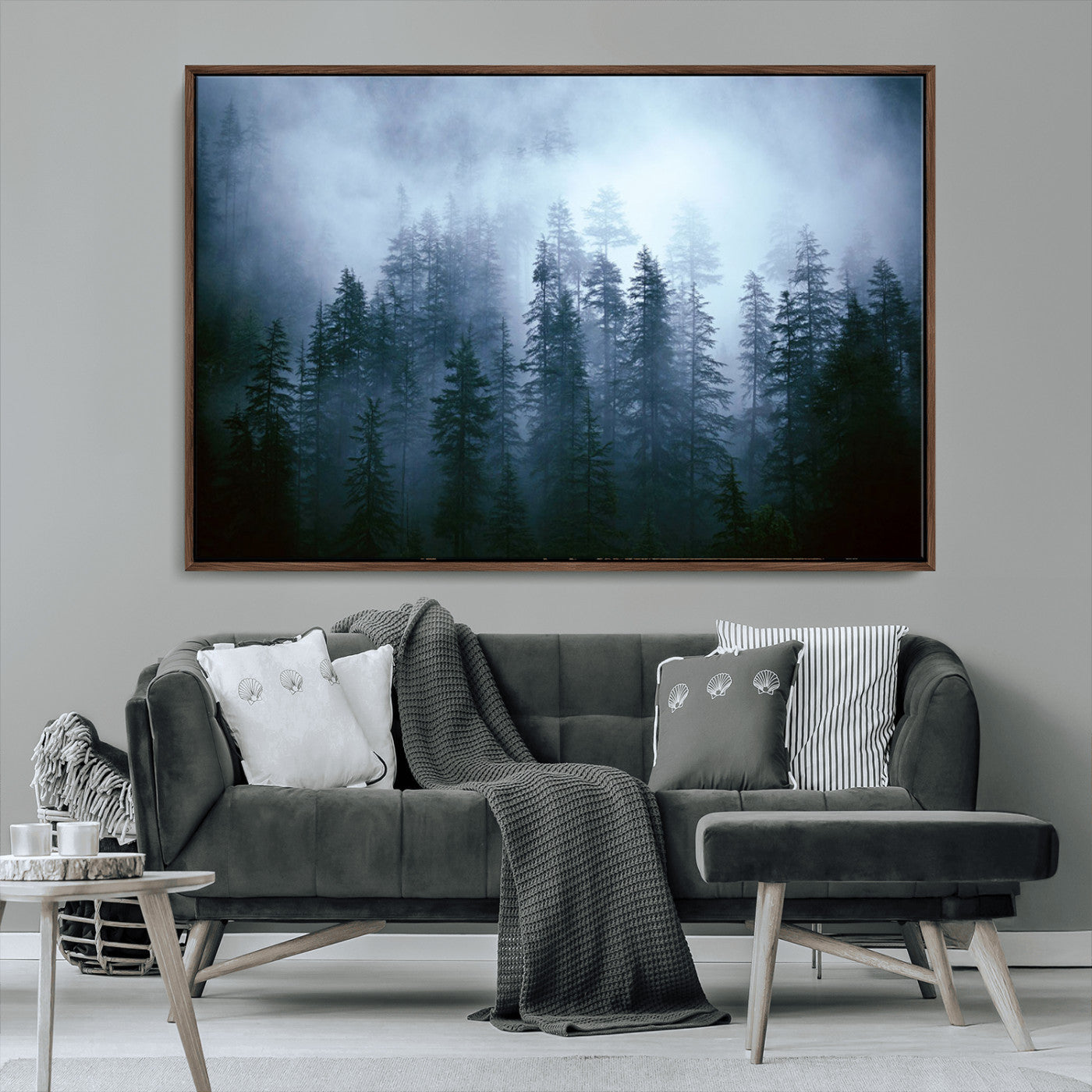 93439624-MGV-CV-36X24-Foggy Evergreen Pines Mist Forest Blue Haze Moody Atmospheric Wilderness Nature Trees Scenic Tranquil Peaceful Landscape Wall Art Canvas Print