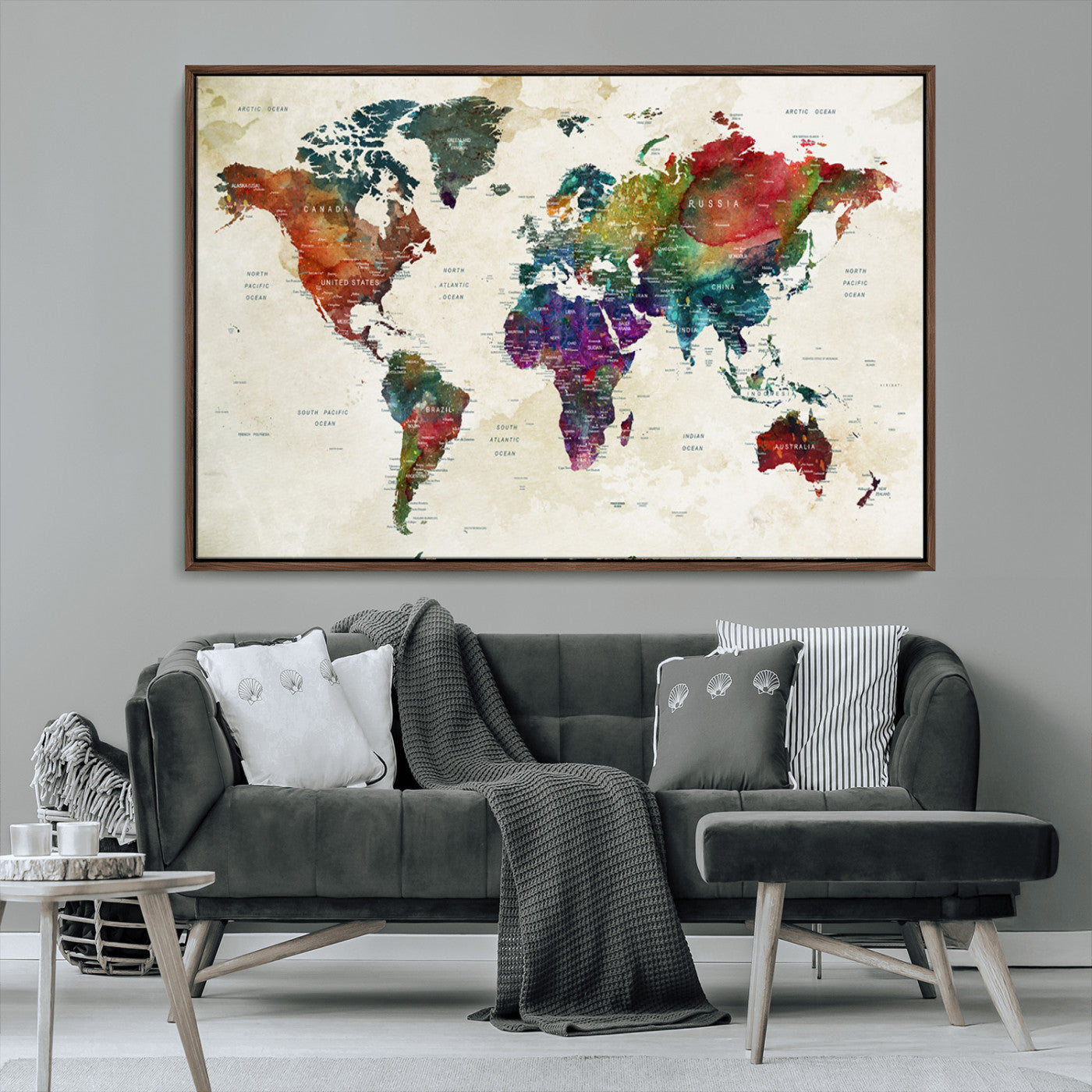 Colorful watercolor world map with countries labeled, featuring rich, vibrant hues across continents on a vintage beige background, Wall Art Canvas Print style.