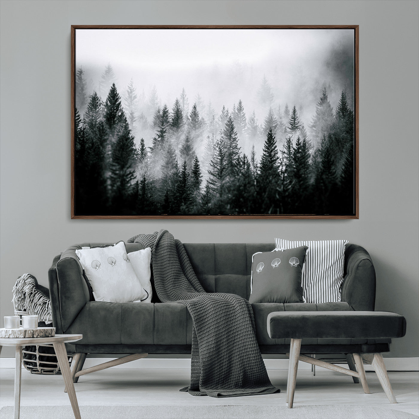 Horizontal black and white canvas wall art of foggy pine forest landscape for modern and rustic home decor