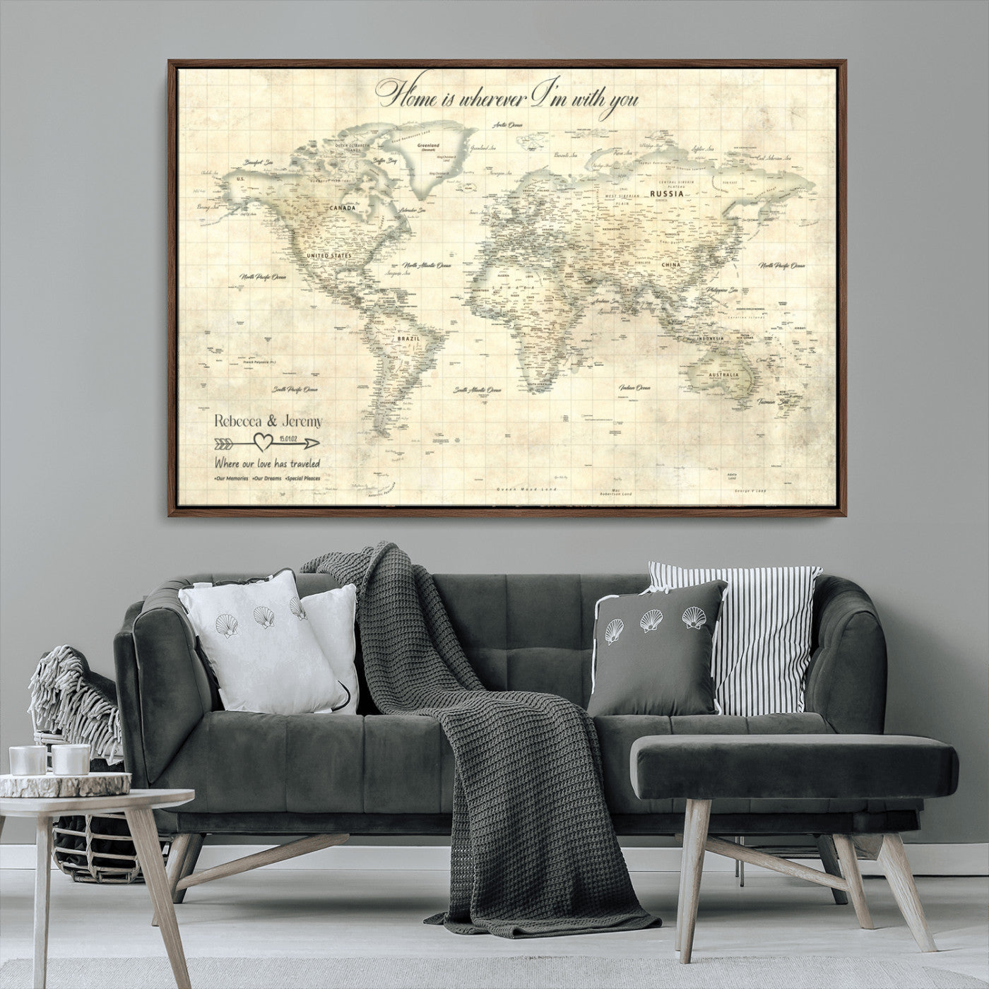 MGV-FC-36X24 - Personalized World Map Wall Art Canvas Print – Custom Push Pin Travel Map for Couples, Families, or Office Décor