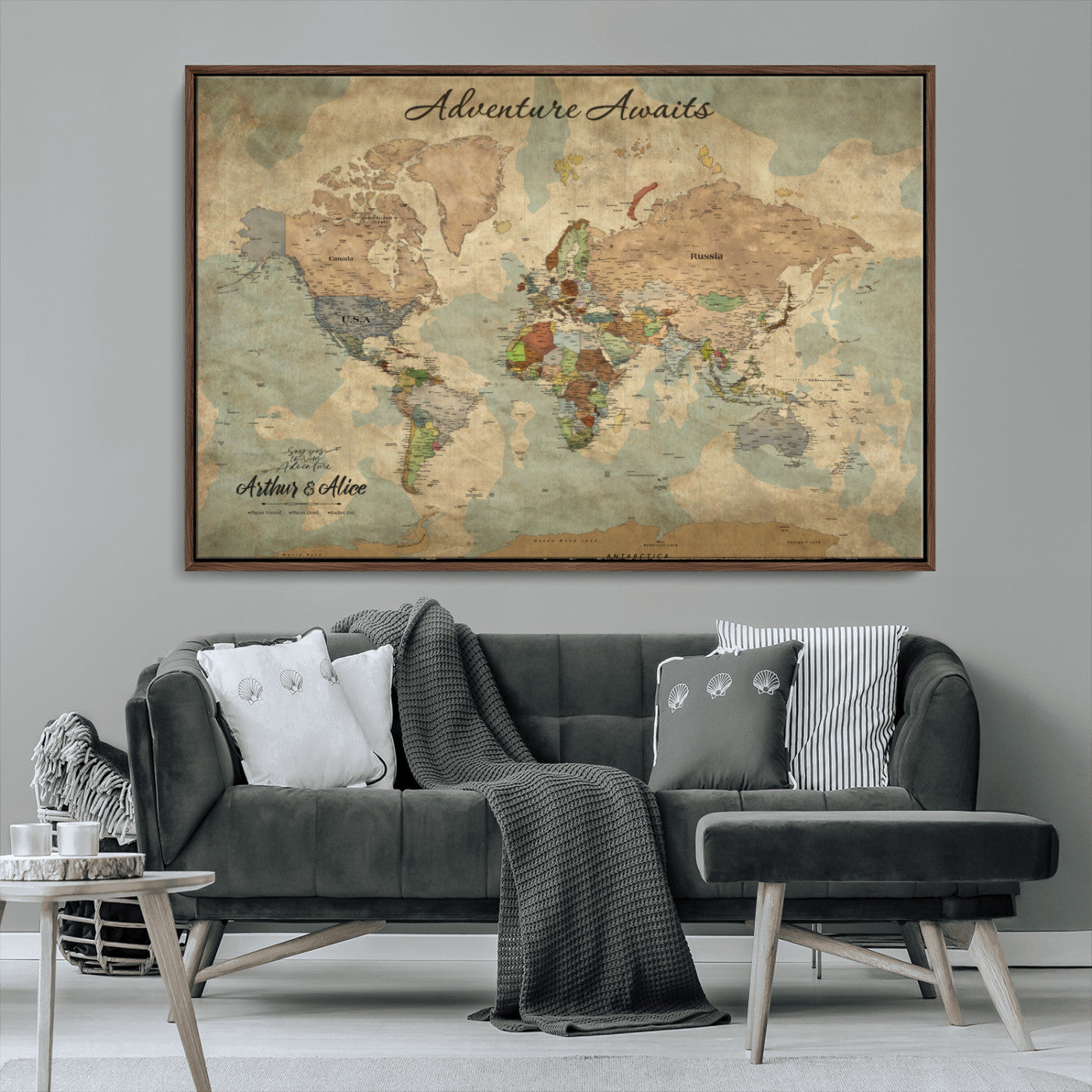 MGV-FC-36X24 - Personalized World Map Wall Art Canvas Print – Custom Push Pin Travel Map for Couples, Families, or Office Décor