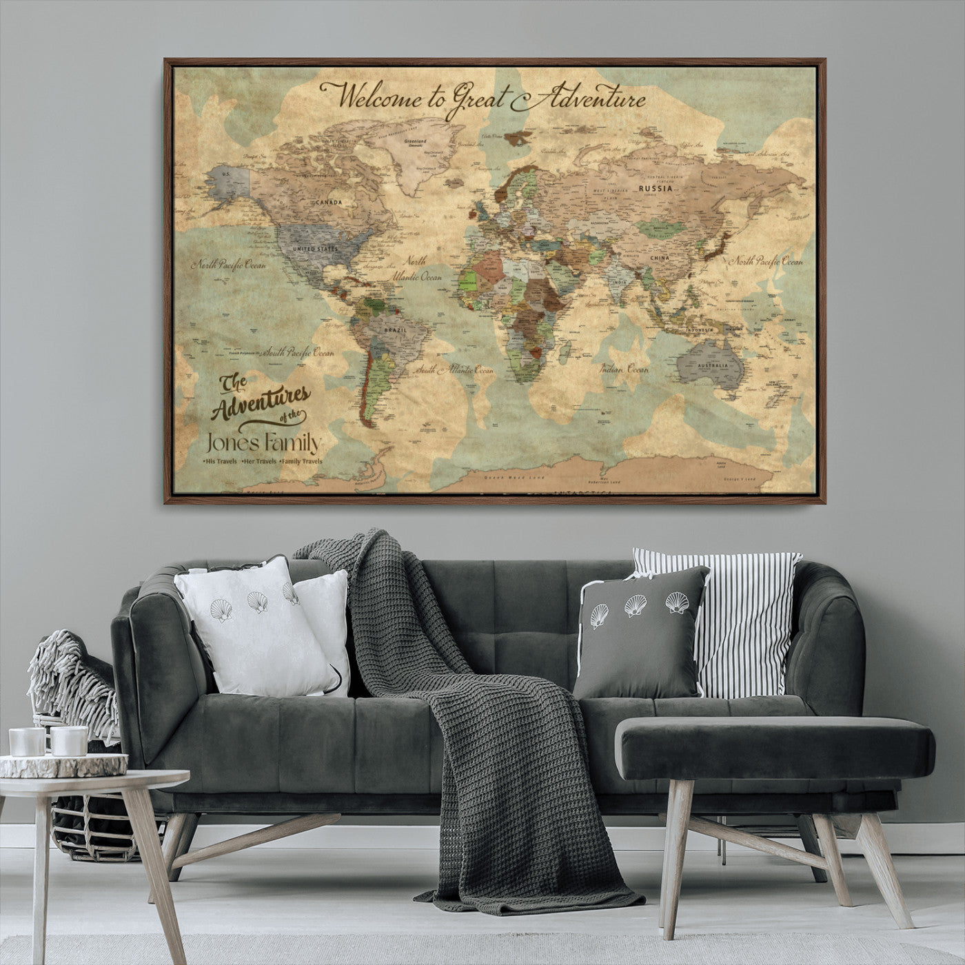 MGV-FC-36X24 - Personalized World Map Wall Art Canvas Print – Custom Push Pin Travel Map for Couples, Families, or Office Décor