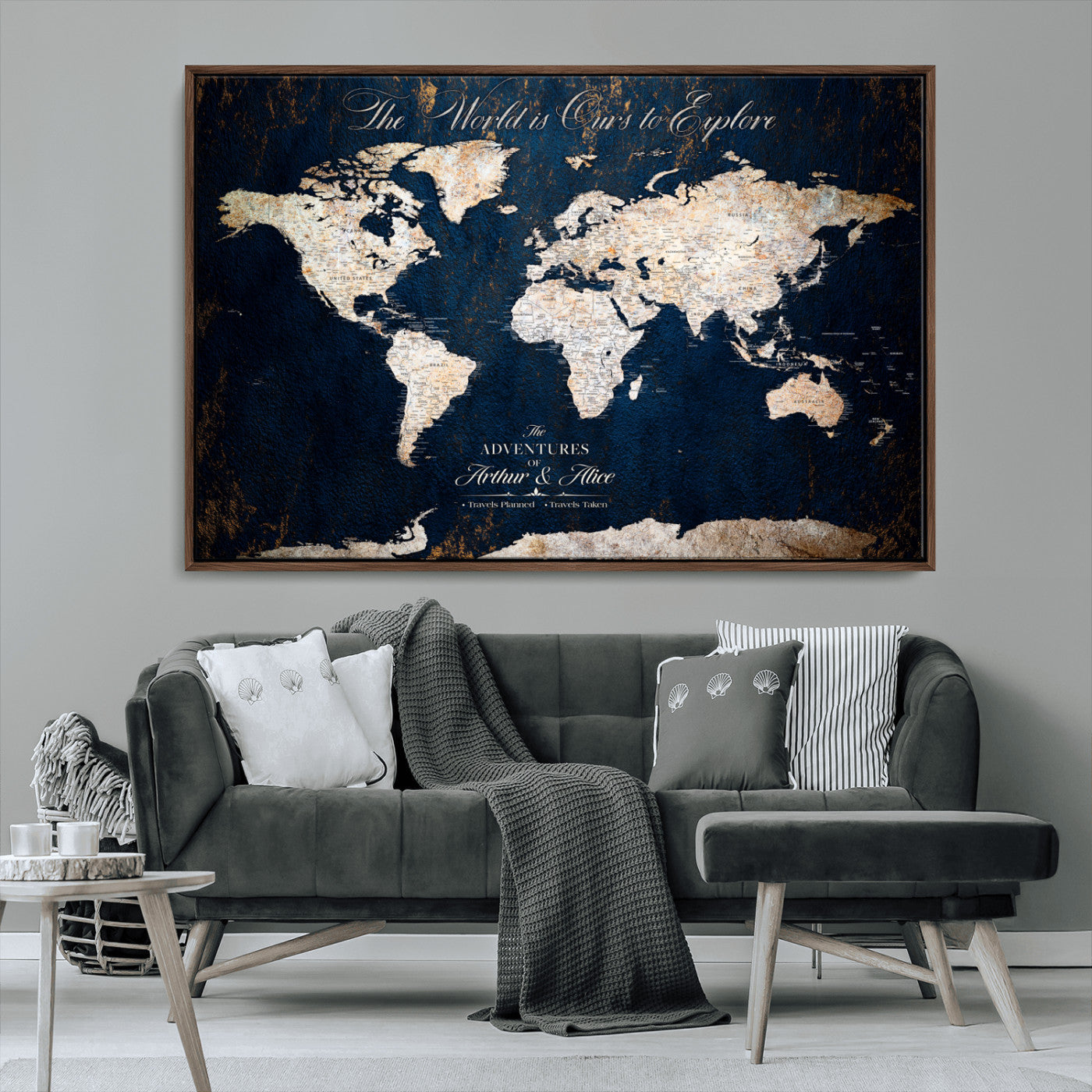 MGV-FC-36X24 - Personalized World Map Wall Art Canvas Print – Custom Push Pin Travel Map for Couples, Families, or Office Décor