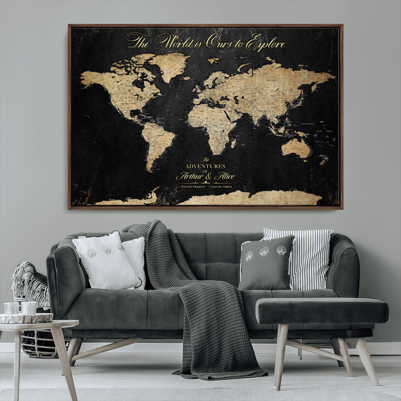 MGV-FC-36X24 - Personalized World Map Wall Art Canvas Print – Custom Push Pin Travel Map for Couples, Families, or Office Décor