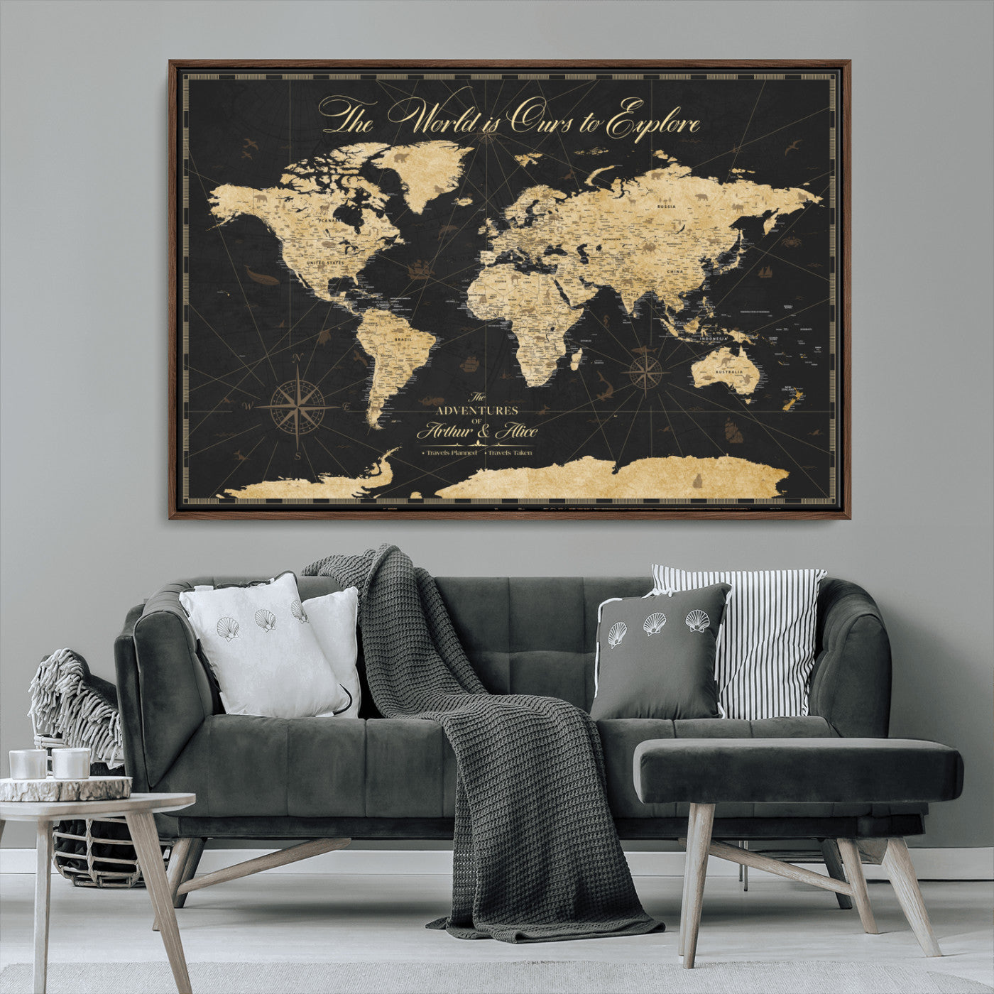 MGV-FC-36X24 - Personalized World Map Wall Art Canvas Print – Custom Push Pin Travel Map for Couples, Families, or Office Décor
