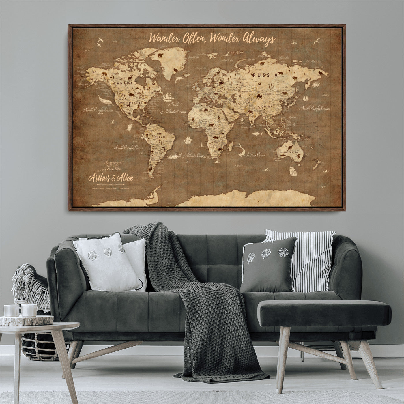 MGV-FC-36X24 - Personalized World Map Wall Art Canvas Print – Custom Push Pin Travel Map for Couples, Families, or Office Décor