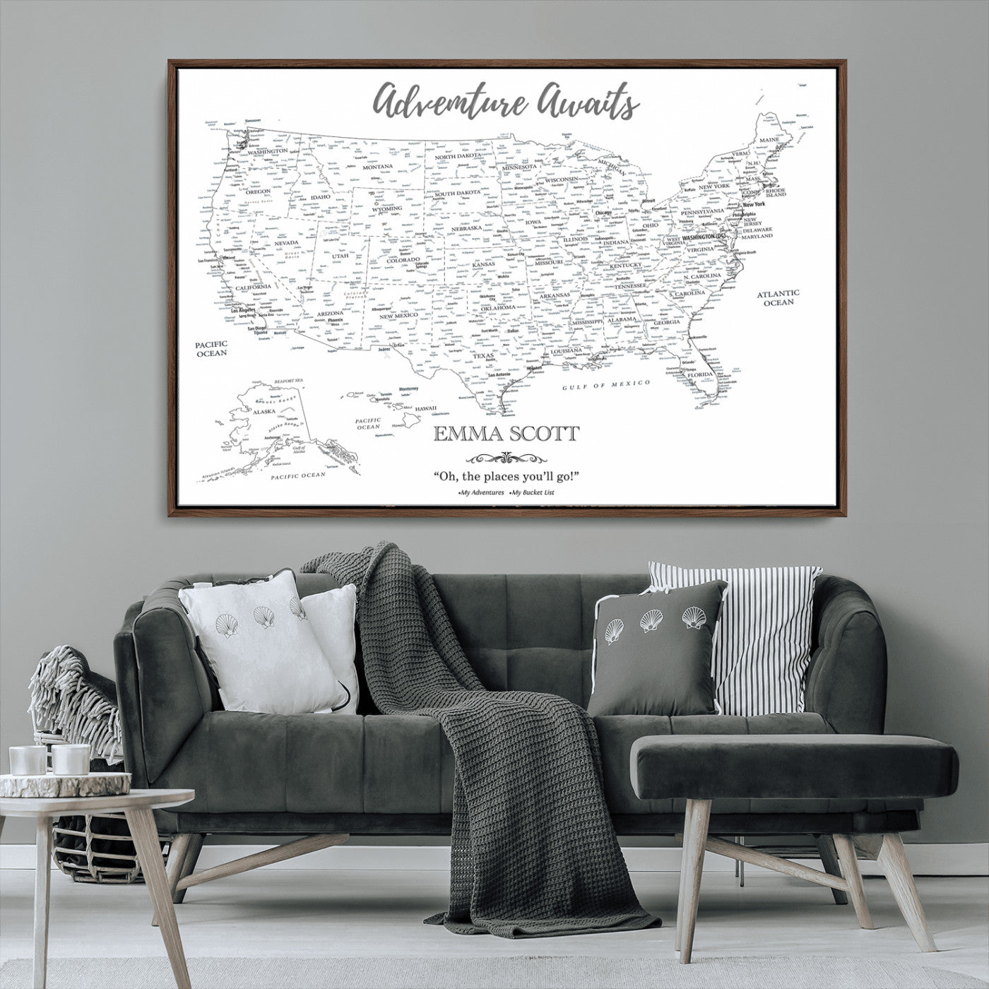 MGV-FC-36X24 - Personalized US Map Wall Art Canvas Print – Custom Push Pin Travel United States US Map for Couples, Families, or Office Décor