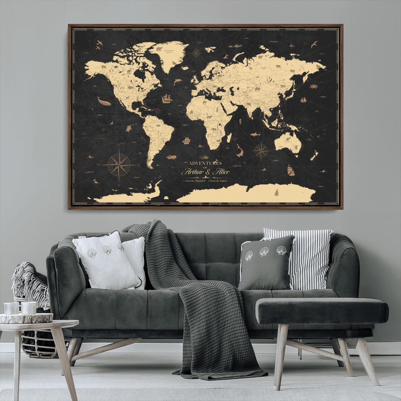 MGV-FC-36X24 - Personalized World Map Wall Art Canvas Print – Custom Push Pin Travel Map for Couples, Families, or Office Décor