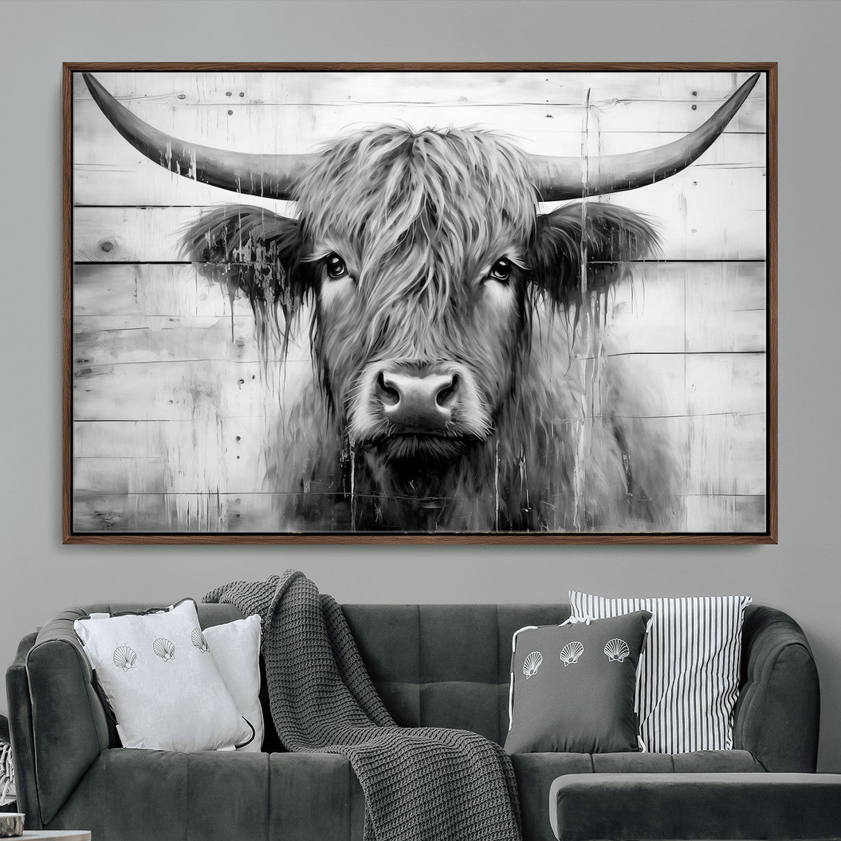 1001HASAN27-MGV-FC-36X24 - Black White Highland Cow Wall Art Canvas Print