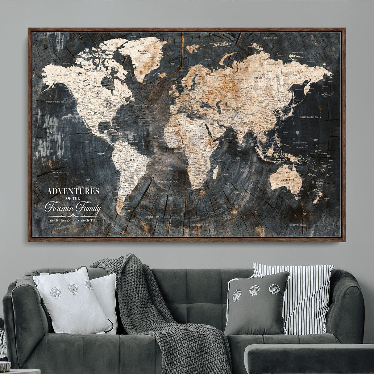 58265369-MGV-FC-36X24 - Customized Push Pin World Map Wall Art Canvas Print with Pins, Personalized Travel Tracker Map, Framed World Map for Living Room, Office and Home Decor