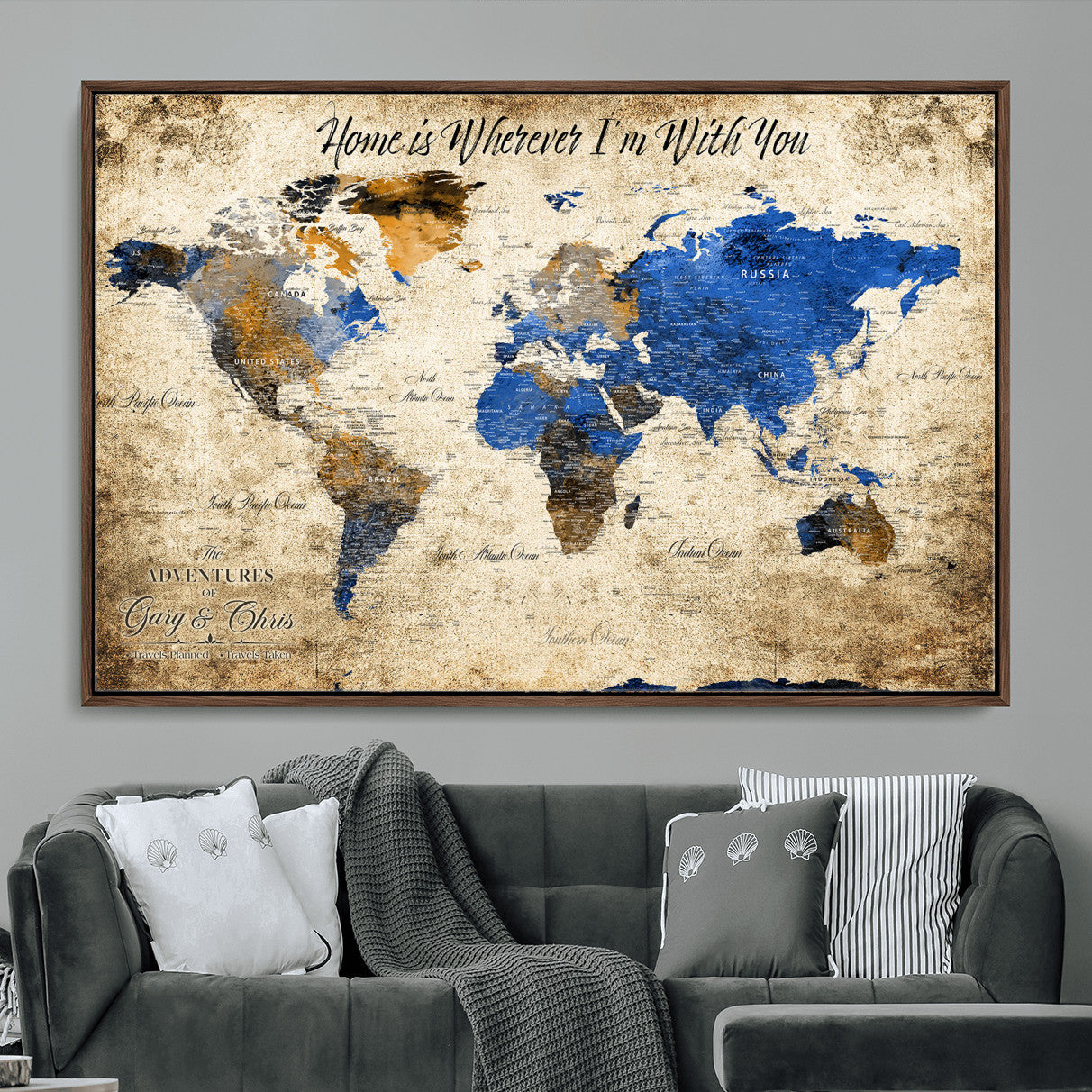 20854758-MGV-FC-36X24 - Personalized Push Pin World Map Canvas Print – Custom Framed Travel Tracker Artwork with Pins for Home and Office Decor