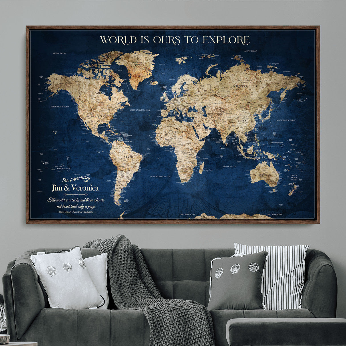 33364828-MGV-FC-36X24 - Personalized World Map Wall Art – Custom Framed Push Pin Travel Tracker Canvas Print Unique Gift for Home, Office