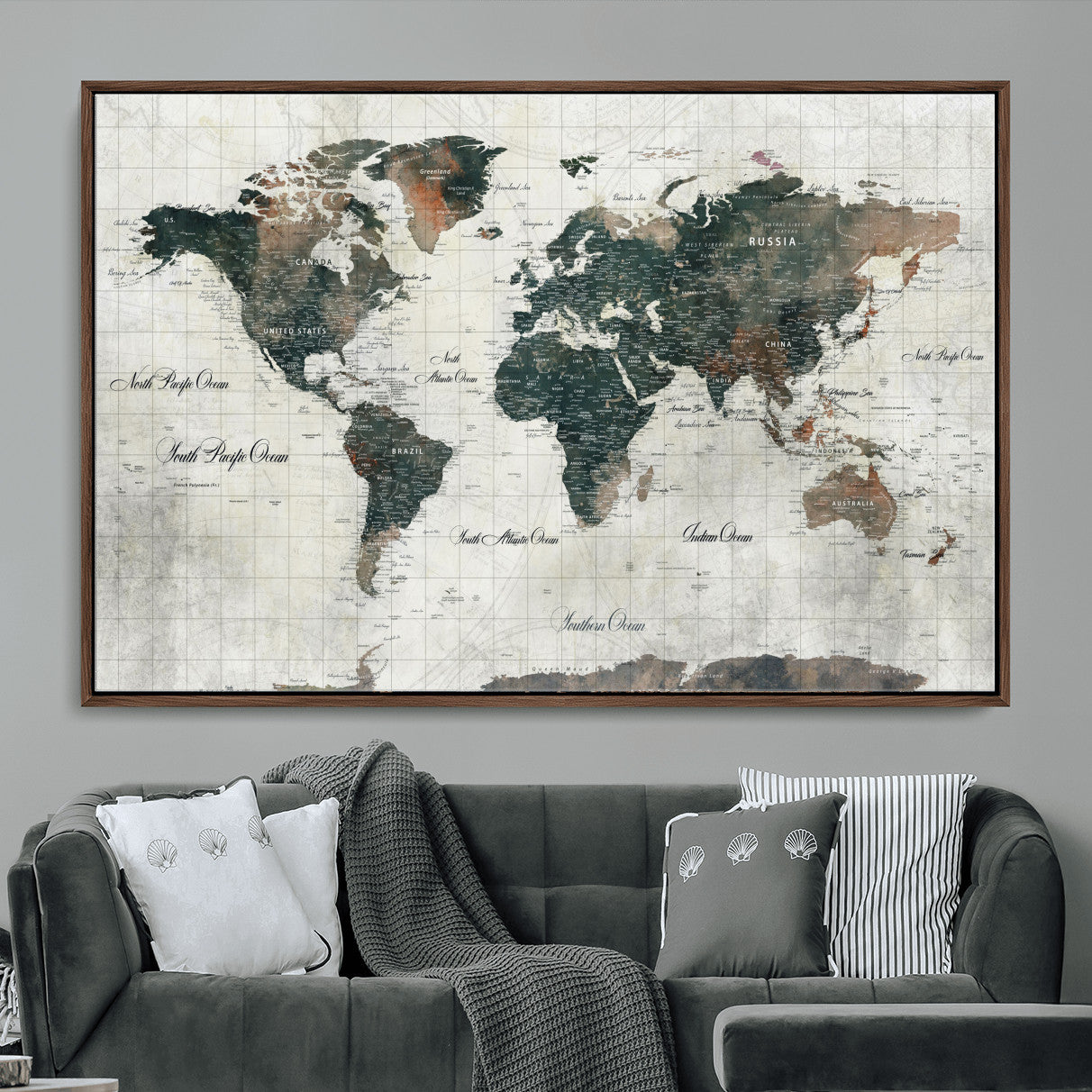 90149079-MGV-FC-36X24 - World Map Wall Art Canvas Print, Modern Decorative Framed Map Artwork Prints for Living Room, Office, Bedroom Wall Decor