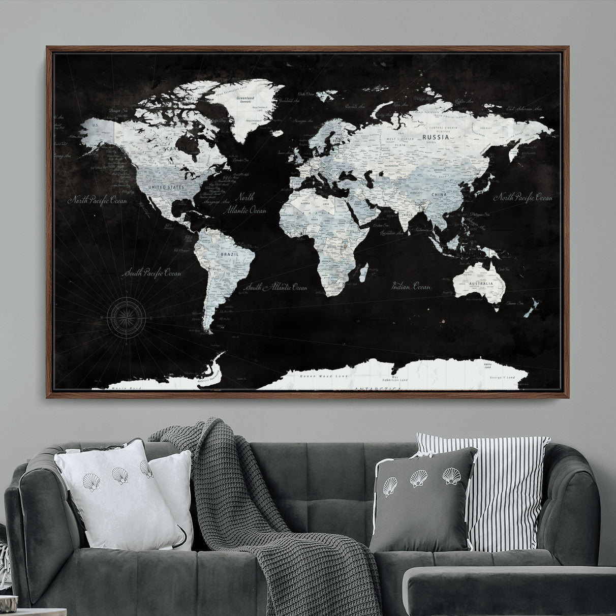 30759283-MGV-FC-36X24 - World Map Wall Art Canvas Print, Modern Decorative Framed Map Artwork Prints for Living Room, Office, Bedroom Wall Decor