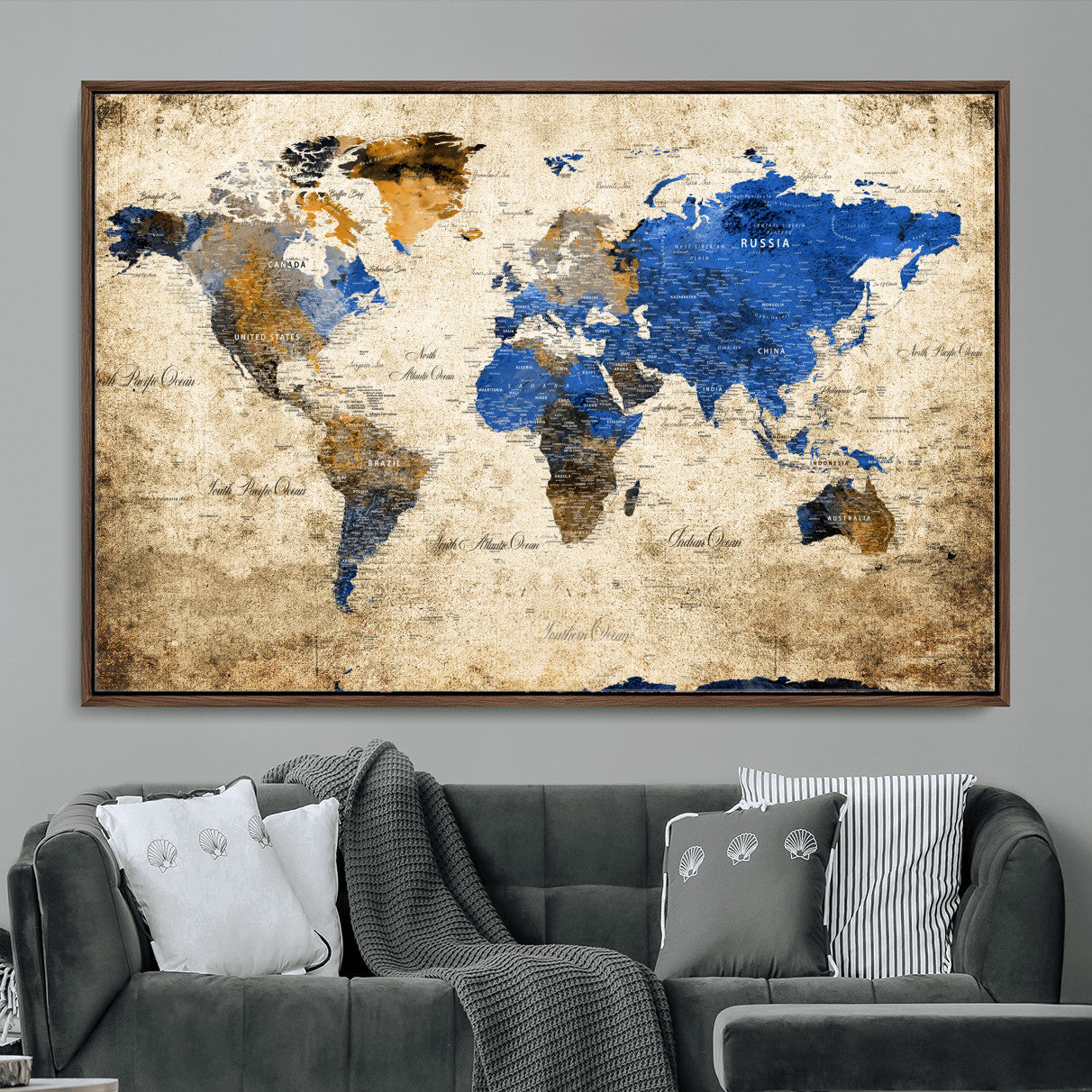 13564339-MGV-FC-36X24 - World Map Wall Art Canvas Print, Modern Decorative Framed Map Artwork Prints for Living Room, Office, Bedroom Wall Decor